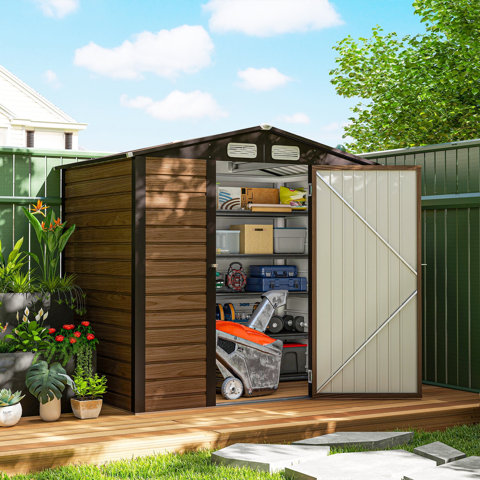Outsunny 6.2 x 4.3ft Galvanised Steel Garden Storage Shed with Vent, Oak