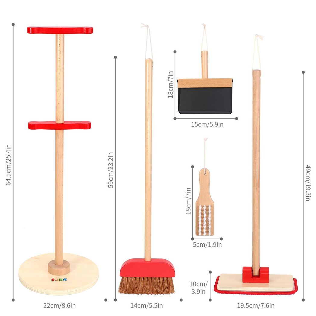 Lelin Wooden Kids Cleaning Play Set with Broom, Mop, Dustpan & Stand