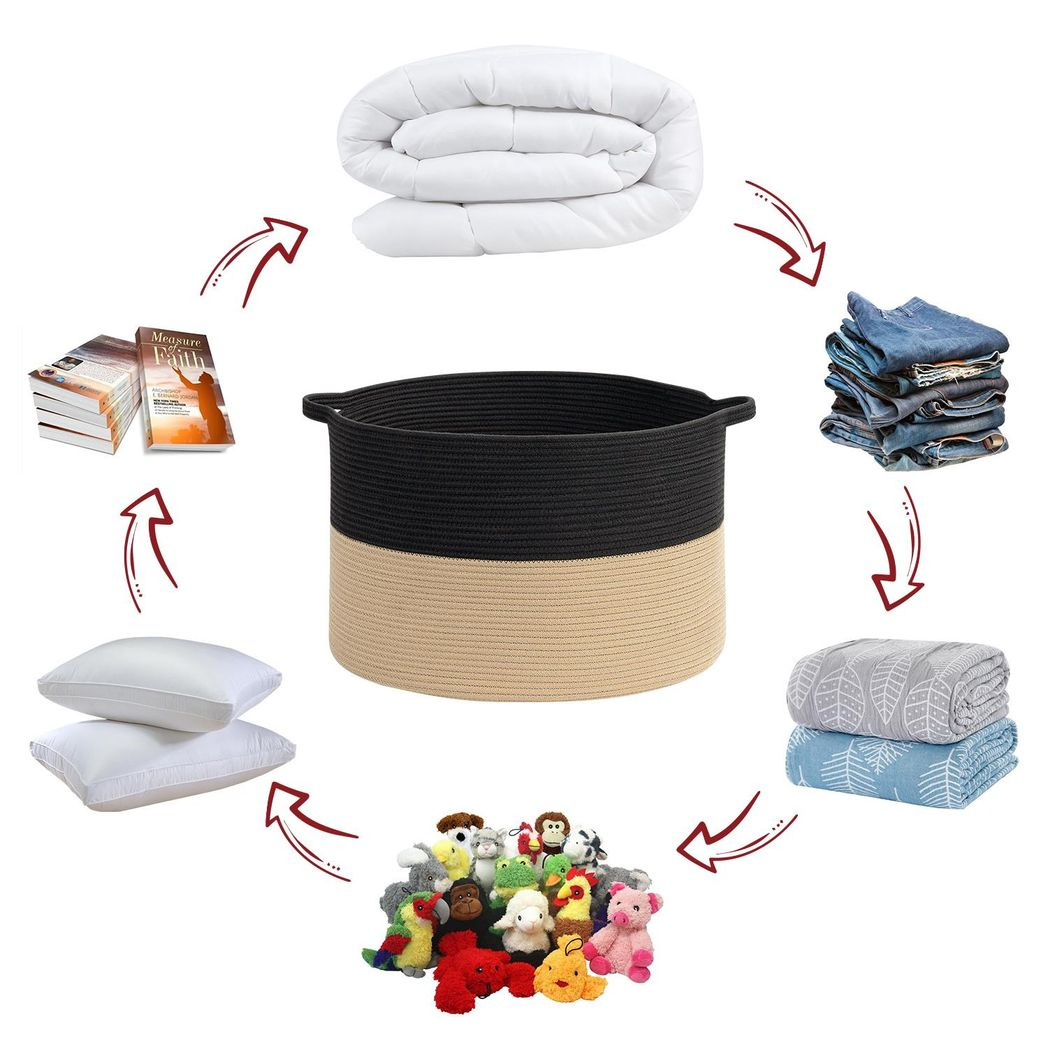 Vinsani Hand-Woven Cotton Rope Laundry Basket, Freestanding Foldable Storage Hamper, 56 x 35.5 cm