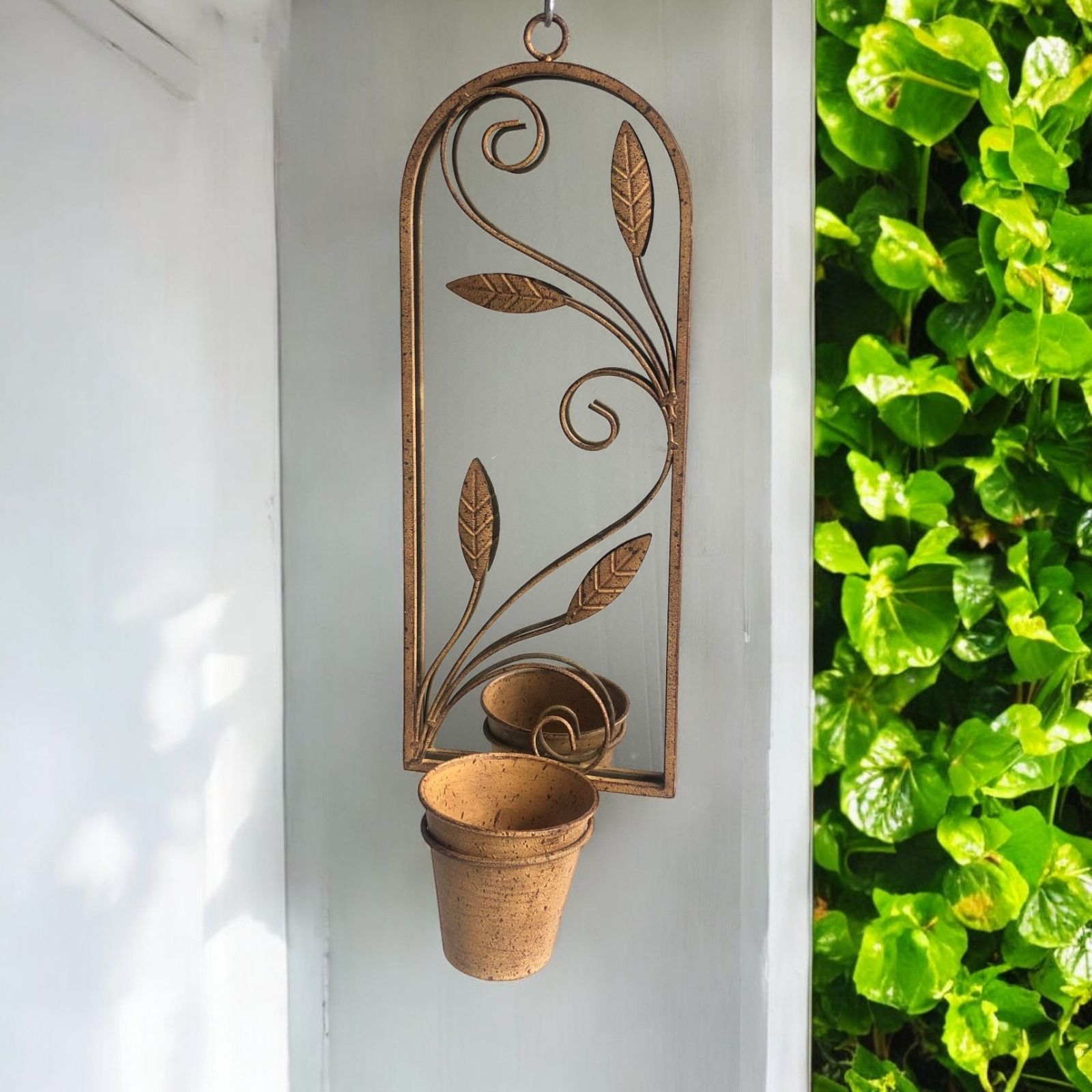 MSL 56cm Antique Finish Metal Wall Mirror with Plant Holder and Pot