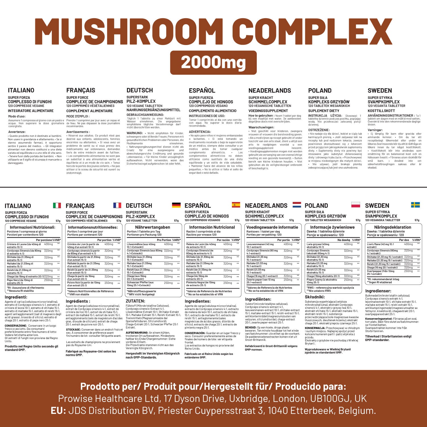 Prowise Healthcare Advanced Mushroom Complex 2000mg, 6 Mushroom Blend with Lion’s Mane, Chaga, Cordyceps, Shiitake, Reishi and Maitake, with Black Pepper, 120 Vegan Tablets, Made in UK