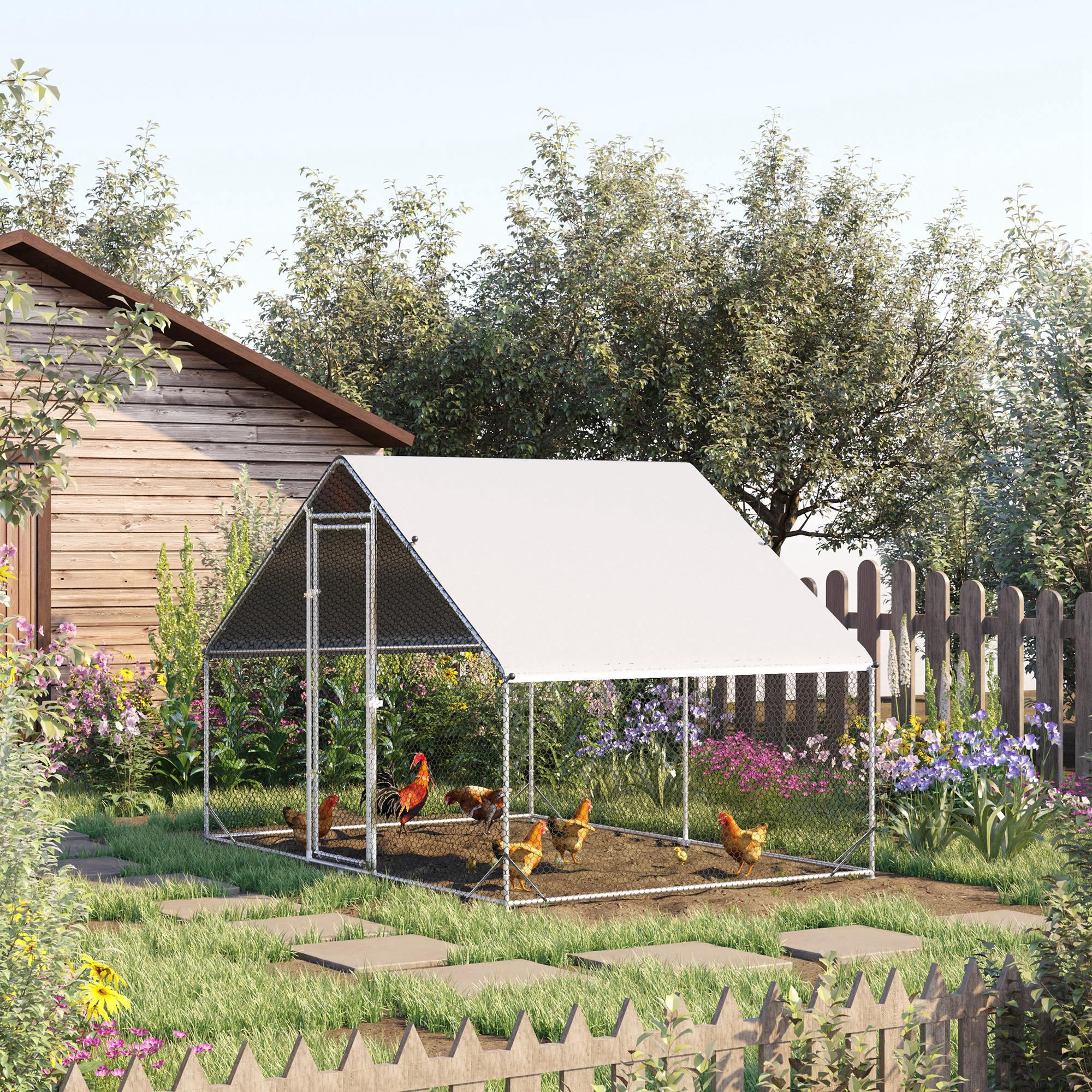 PawHut Walk-In Chicken Run Galvanized Steel Chicken Coop Hen House with Water-Resistant Cover