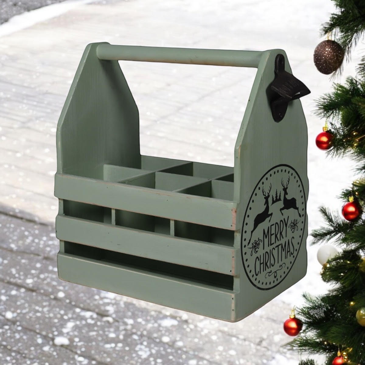 Rustic Green 6-Bottle Holder with Opener Hand Finished Wine Caddy for Beer Lovers
