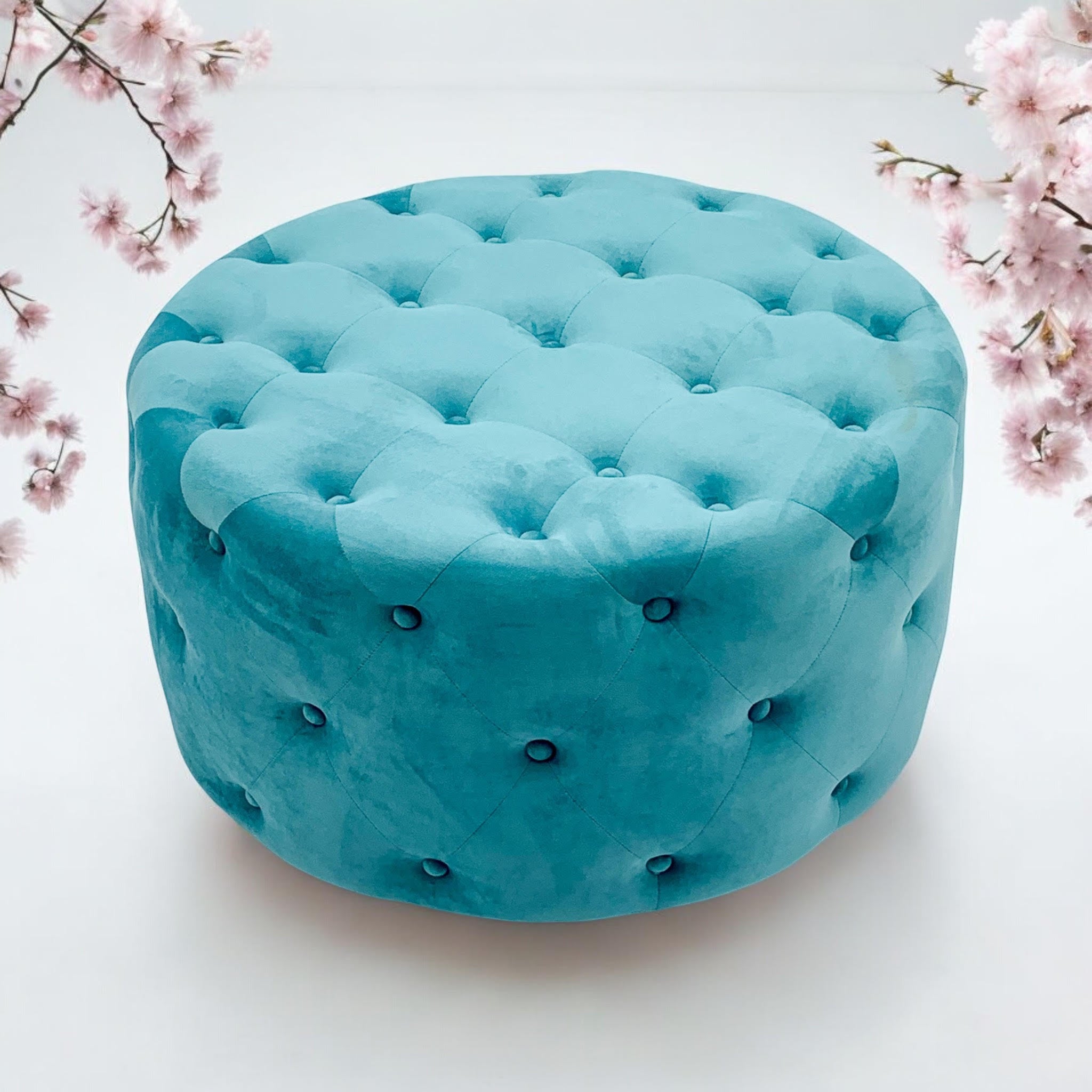 MSL 80 x 80cm Blue Buttoned Round Footstool Ottoman