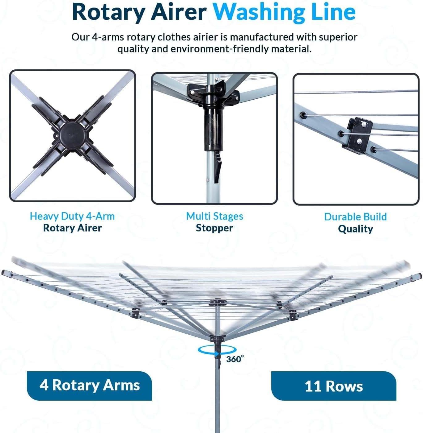 60m 4 Arm Rotary Airer Washing Line with Metal Ground Socket
