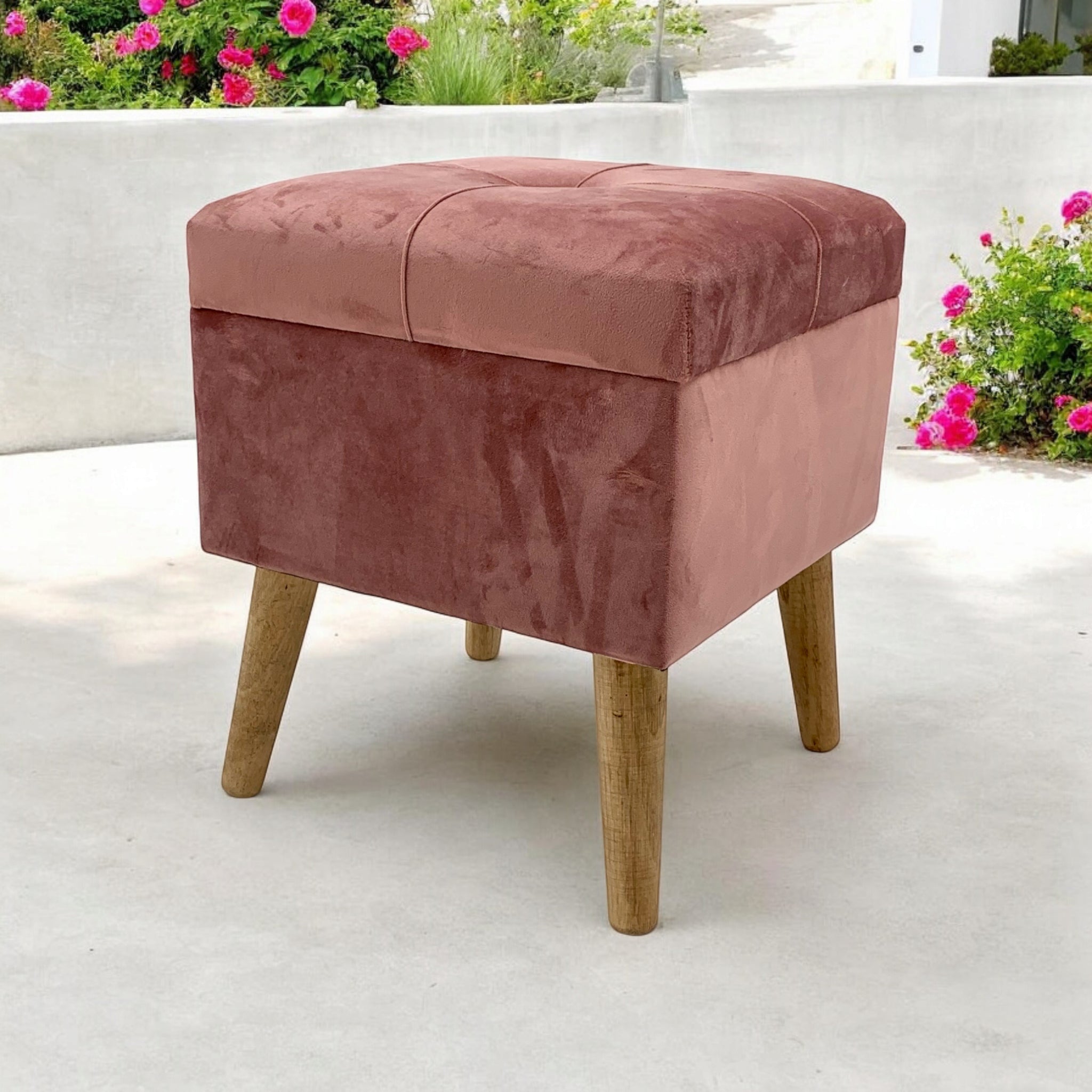 Pink Velvet Storage Trunk Footstool Ottoman with Wooden Legs 33 x 33 x 42 cm