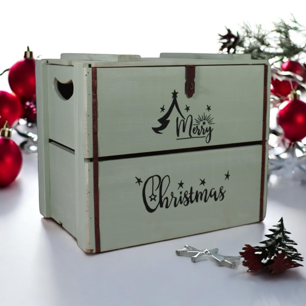 MSL 42cm Rustic Green Wooden Christmas Box with Lift-Up Lid, Hand Finished