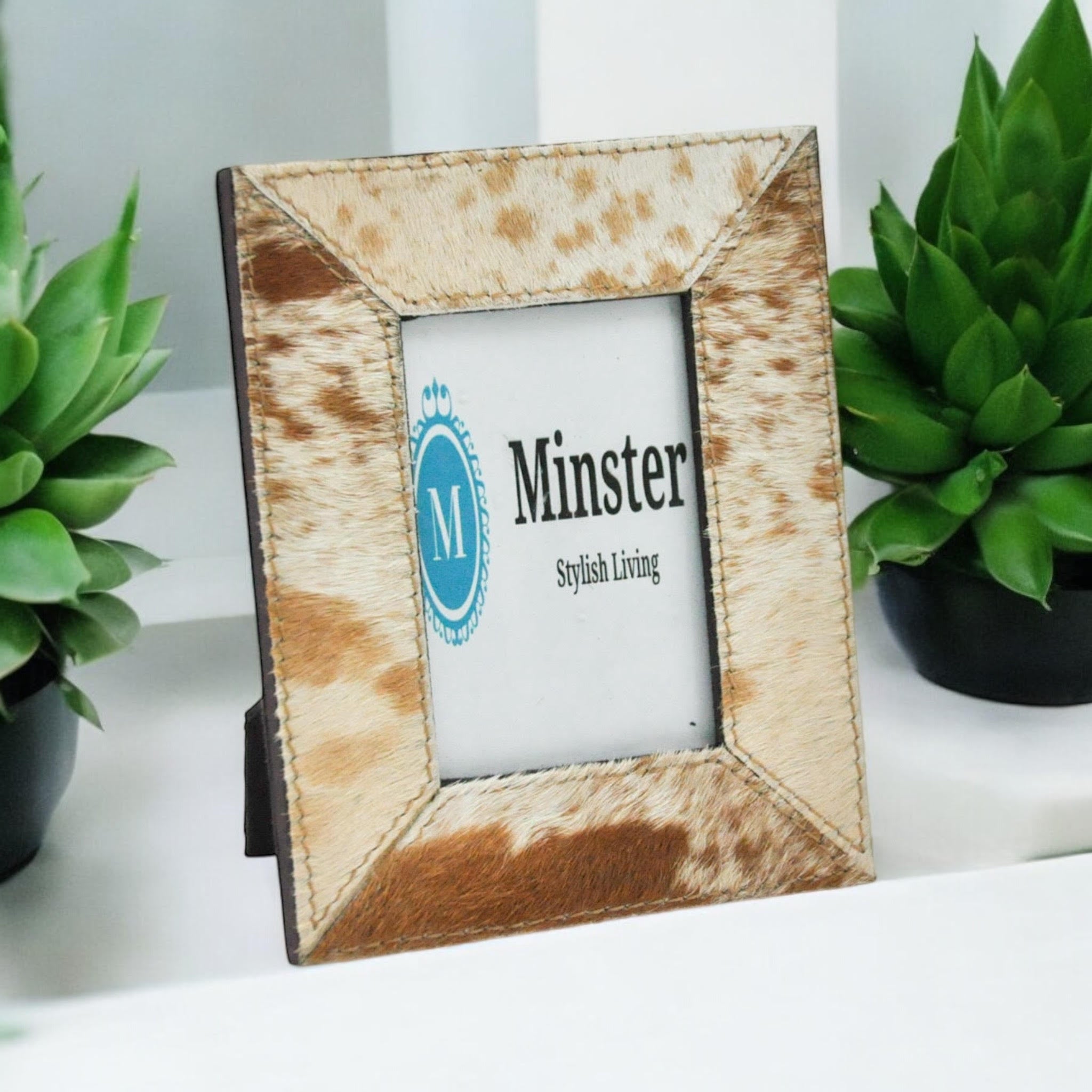 3.5 x 4 Tan and White Cow-Hide Picture Frame