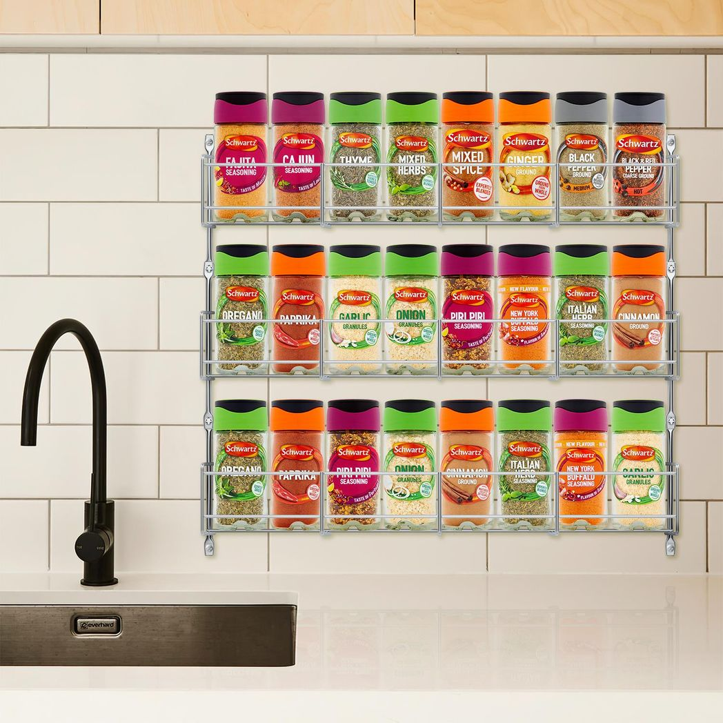 Vinsani 3 Tier Chrome Herb and Spice Rack Organiser, Wall or Cupboard Door Mount, Holds Up to 24 Spice Jars