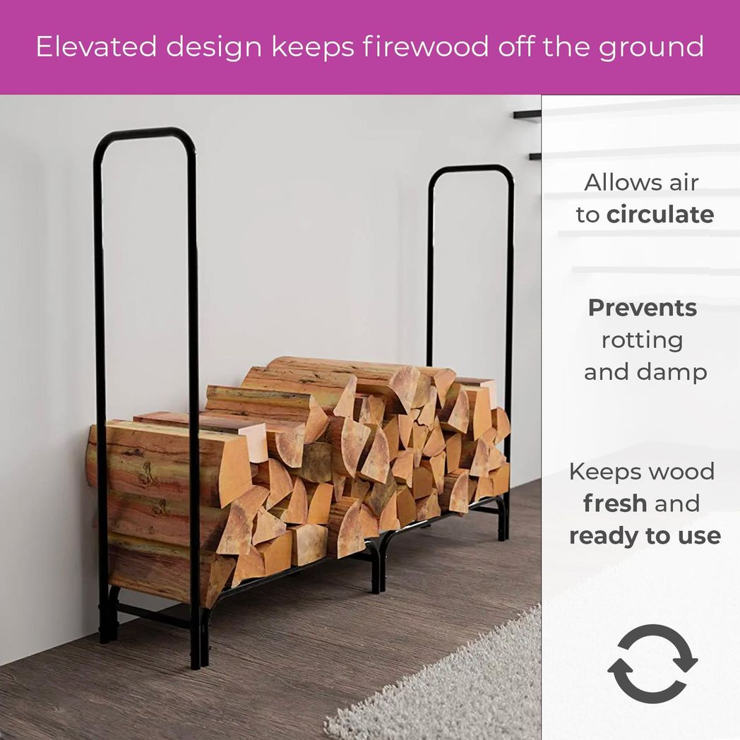 Neo 240cm Outdoor Metal Log Holder Rack with Weather Cover, Black Powder-Coated