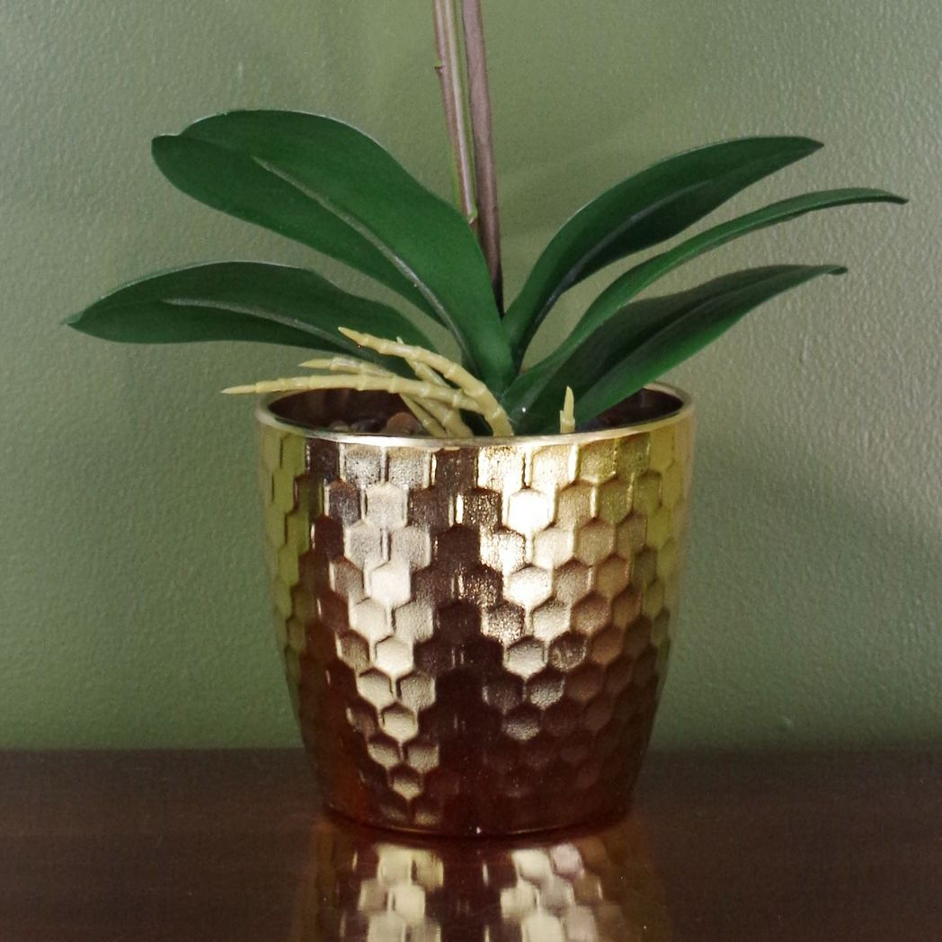 50cm Artificial Phalaenopsis Orchid with Real Touch Leaves and 10 Flowers in Gold Honeycomb Pot