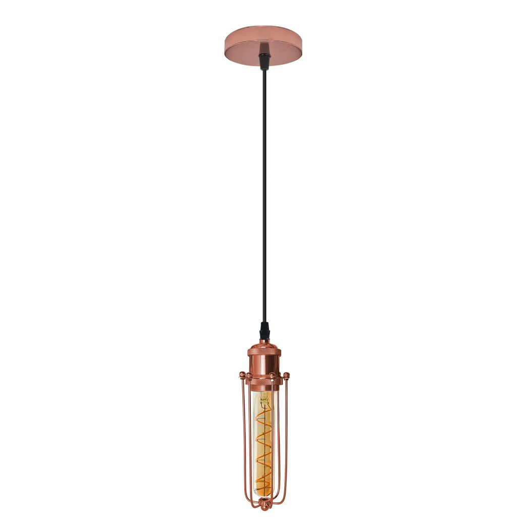 Single Rose Gold Ceiling E27 Pendant Light with Wire Cage, Industrial Vintage Hanging Lamp Fixture
