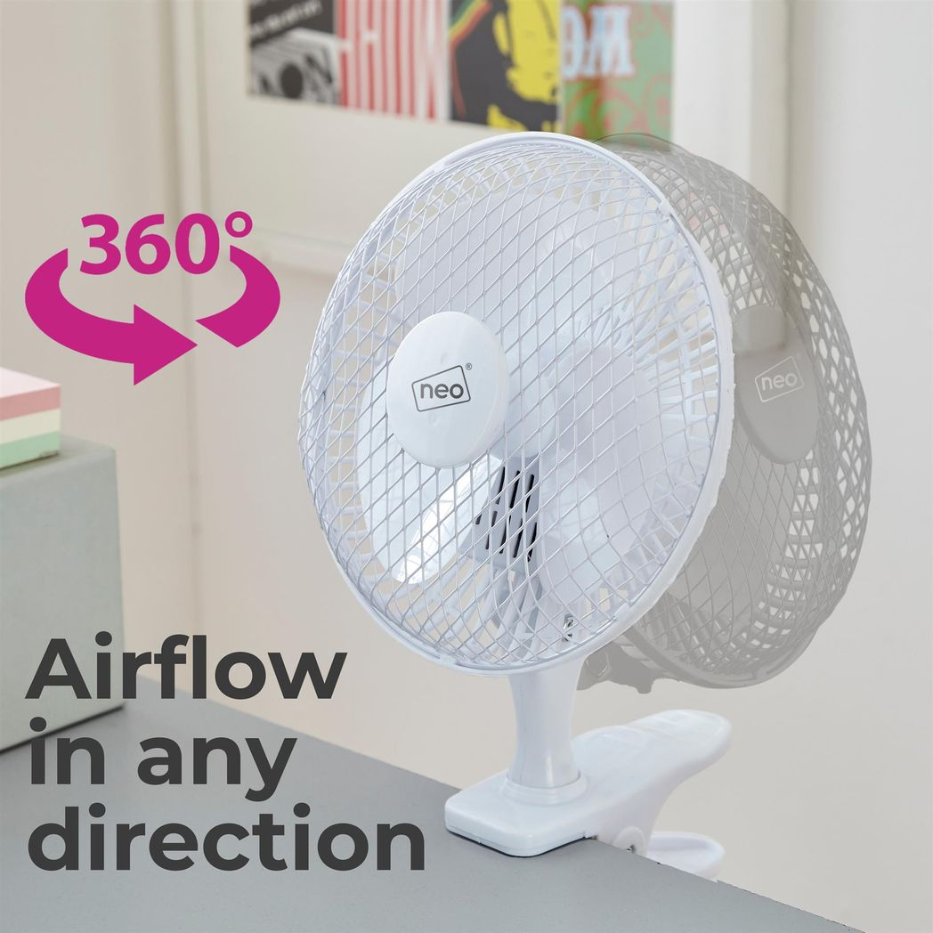 Neo 6 Inch Mini Clip and Base Mount Desk Fan - White