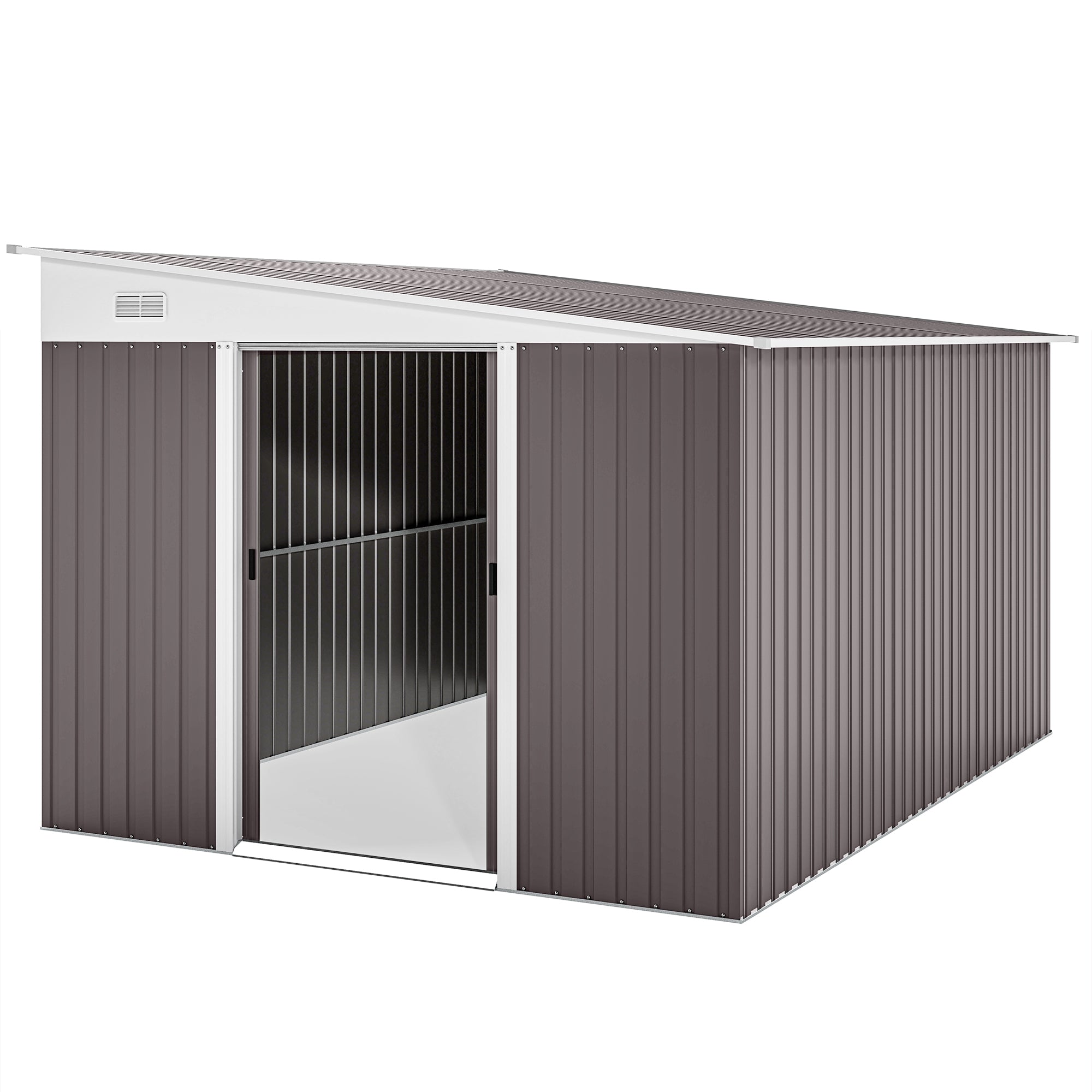 Outsunny 11.3 x 9.2ft Steel Garden Shed with Double Sliding Doors, 2 Air Vents, Grey