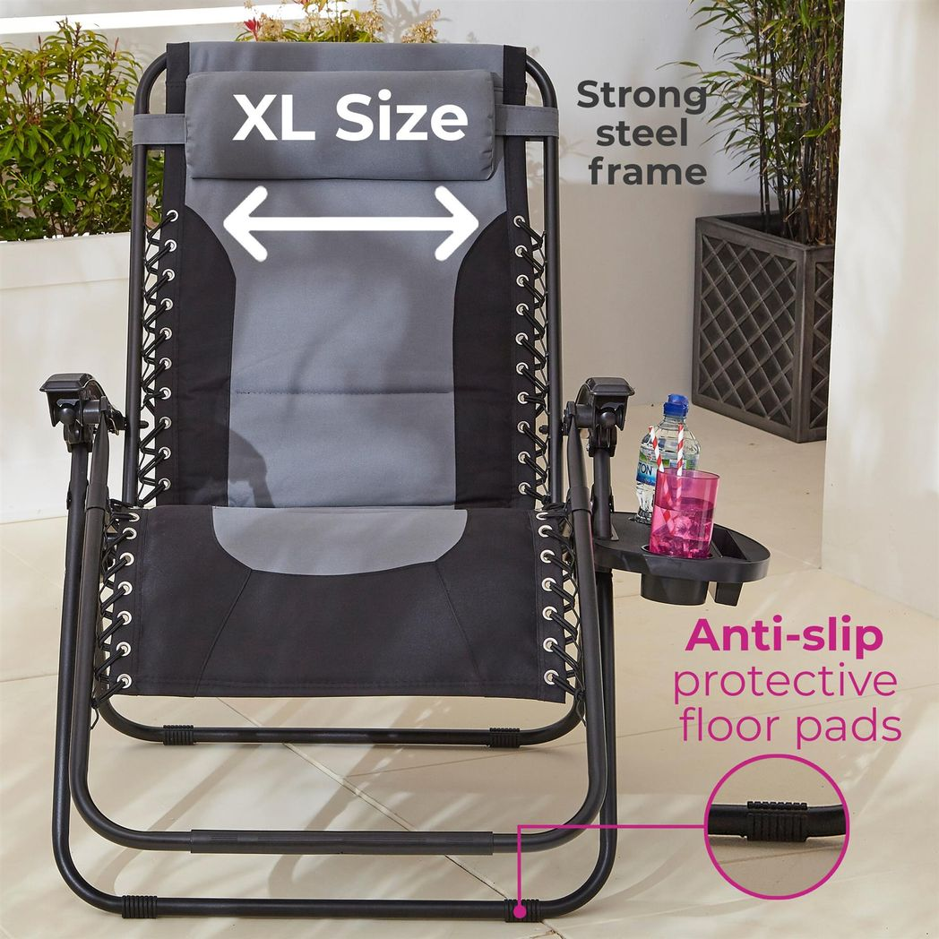 Neo Grey Pair of XL Outdoor Zero Gravity Sun Loungers with Removable Pillows and Cup Holder Tray