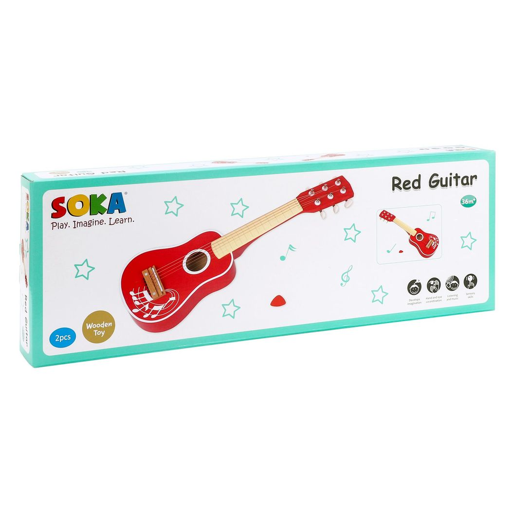 SOKA Red Wooden Kids Guitar, 6-String Acoustic Toy