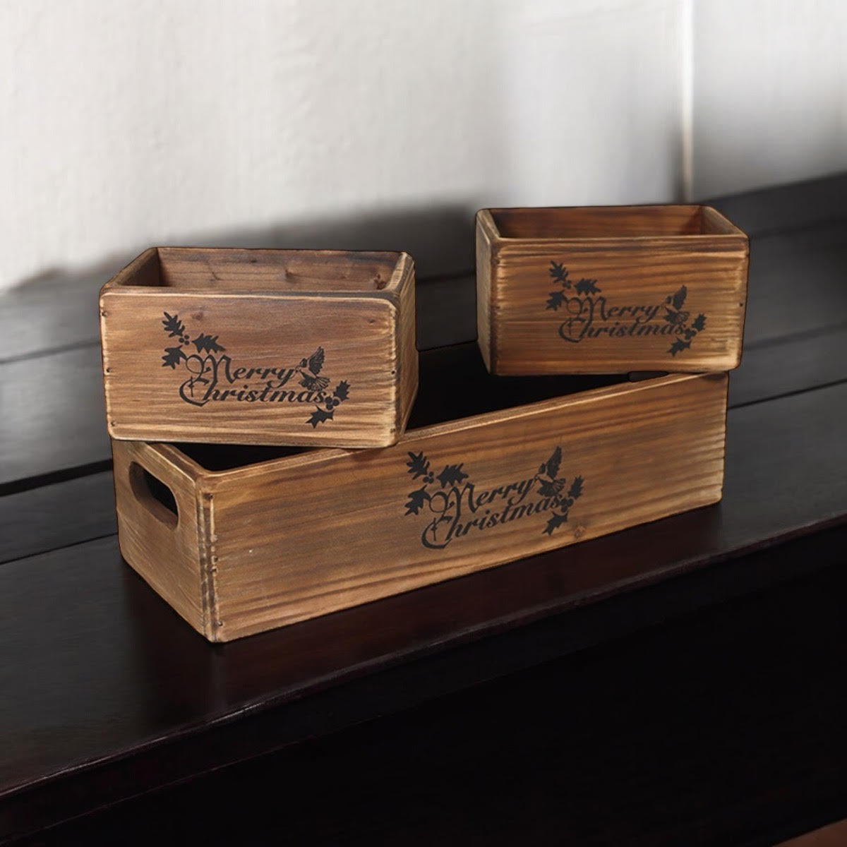 MSL Set of 3 Hand Finished Wooden Christmas Boxes 34/15/15cm