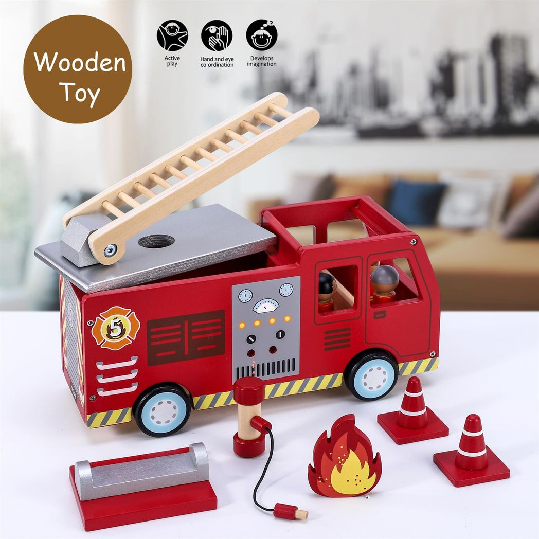 SOKA Wooden Fire Engine Truck Playset with 4 Firefighters