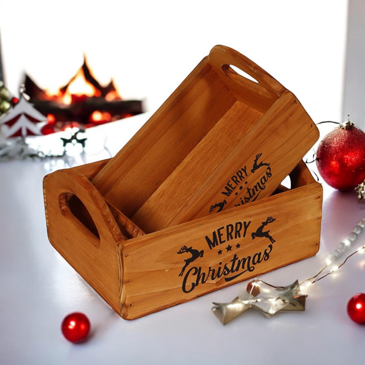 Set of 2 Hand Finished Wooden Christmas Boxes for Santa Treats