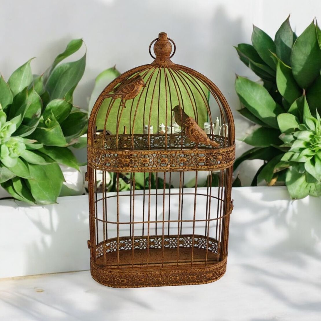MSL 60cm Rusty Wall Mirror Metal Cage Decorative Garden Accessory