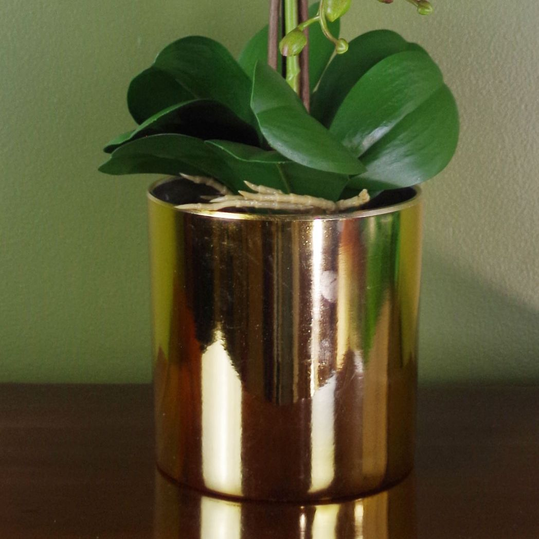 Leaf 52cm Artificial Orchid Plant in Gold Decorative Pot, White Flowers, Real Touch, 14 Flowers