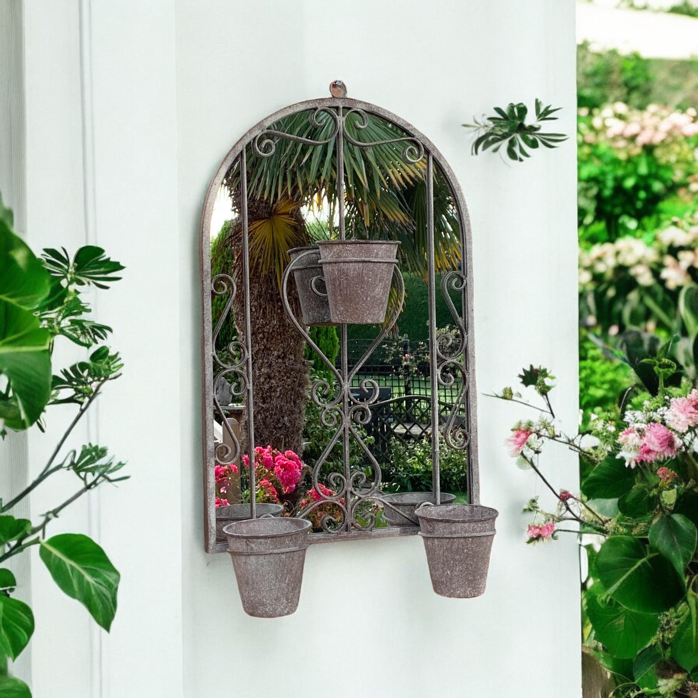 80cm Antique Finish Metal Wall Mirror with 3 Planter Holders and Pot
