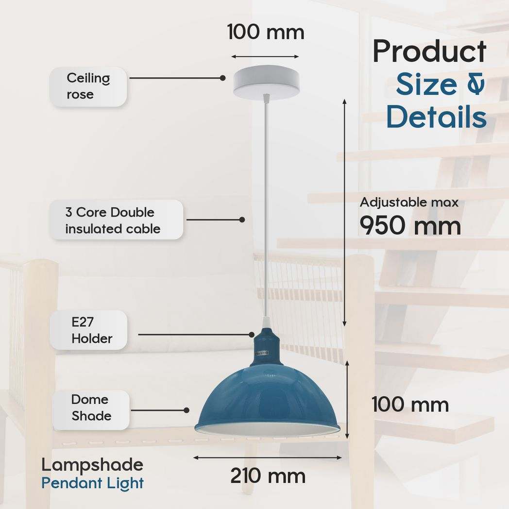 2 Pack Cyan Blue Dome Metal Pendant Lamp Shades, Inner White