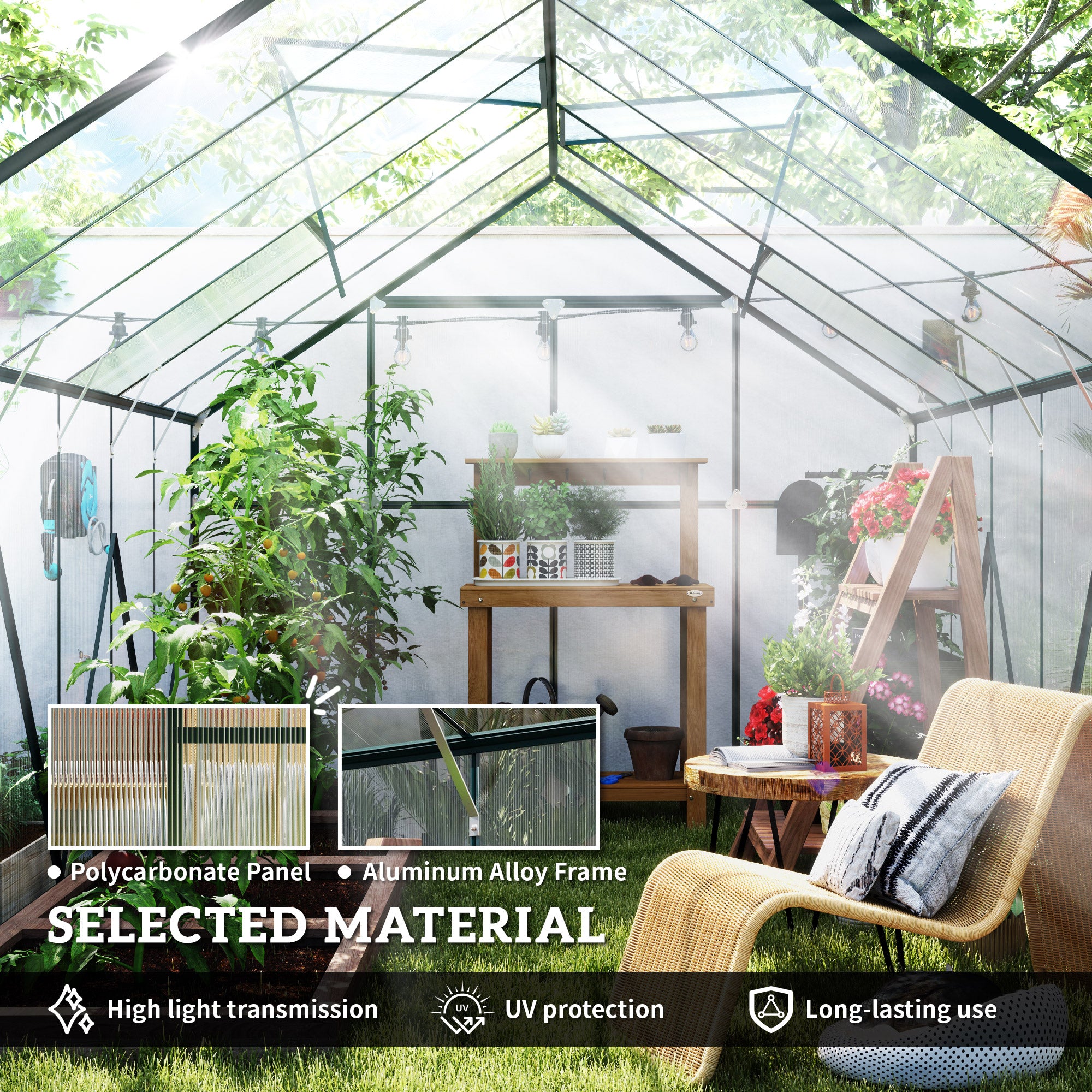12x8ft Walk-In Polycarbonate Greenhouse with Double Sliding Doors