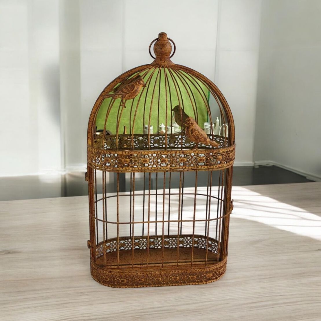 MSL 60cm Rusty Wall Mirror Metal Cage Decorative Garden Accessory