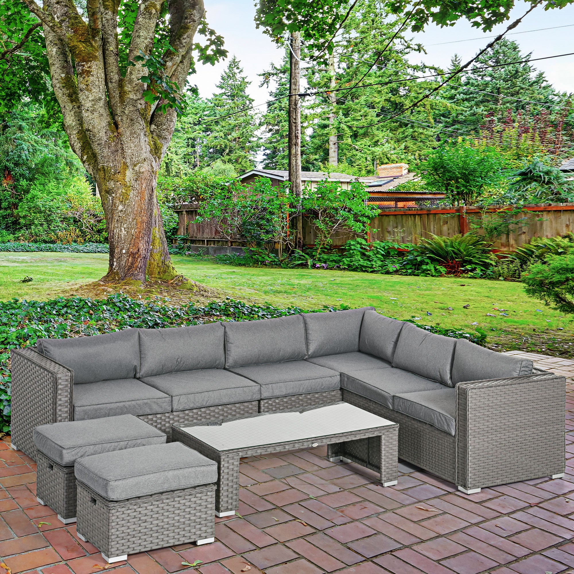 Outsunny 6-Piece Outdoor PE Rattan Corner Sofa Set, Table & Footstools - Grey