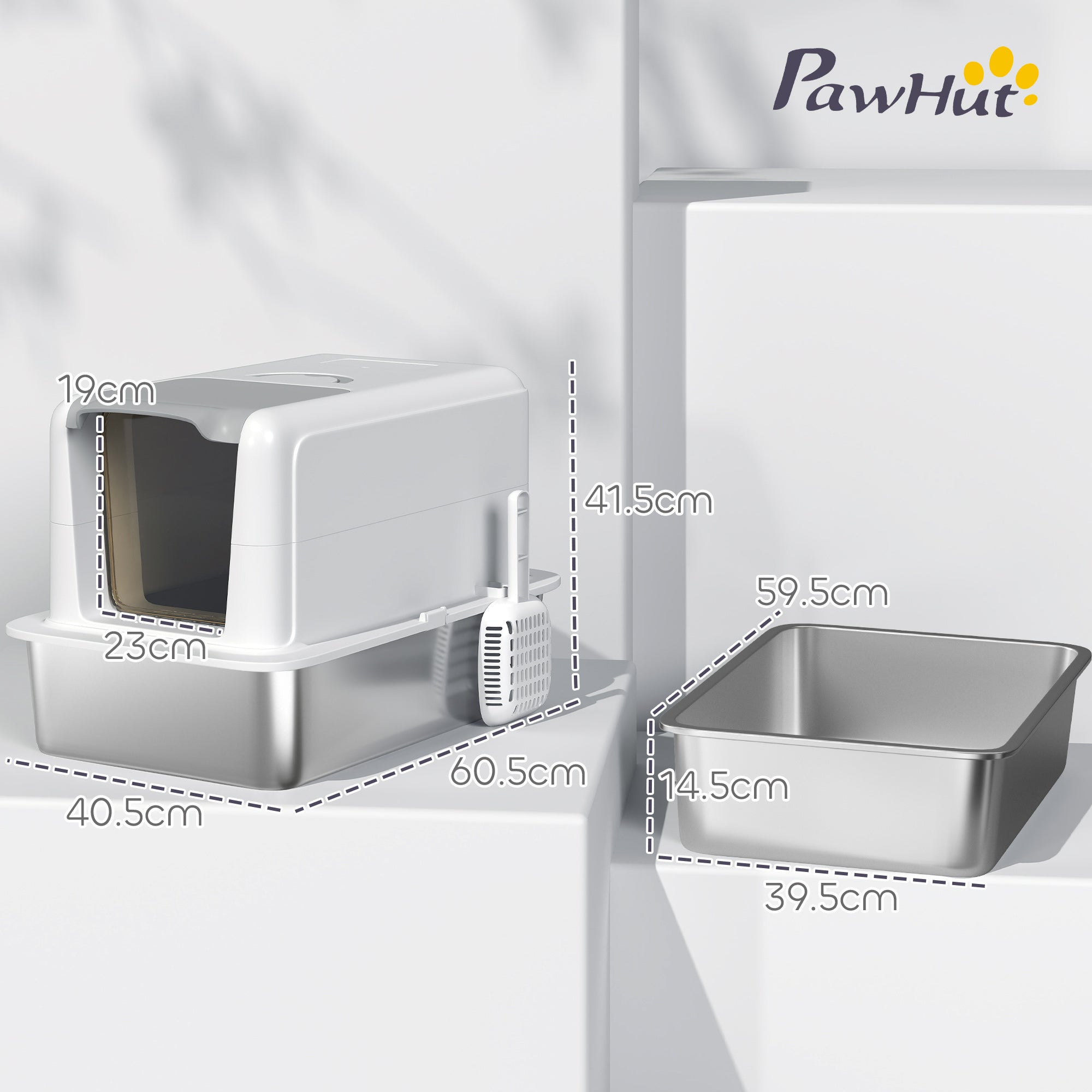 PawHut Stainless Steel Enclosed Cat Litter Box with Lid & Scoop, White