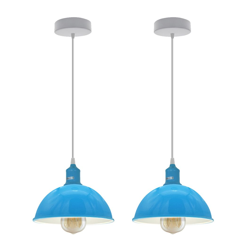 2 Pack Blue Dome Metal Pendant Lights, E27, Inner White