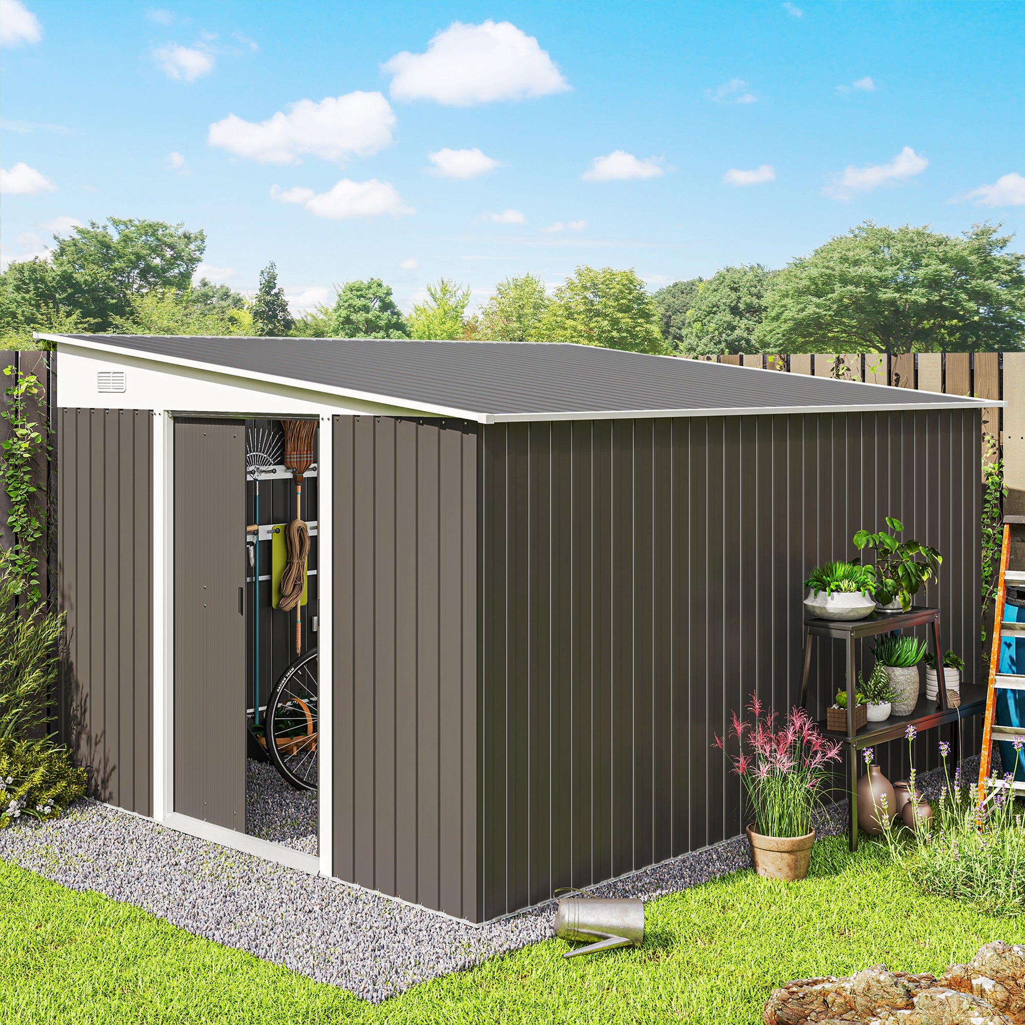 Outsunny 11.3 x 9.2ft Steel Garden Shed with Double Sliding Doors, 2 Air Vents, Grey