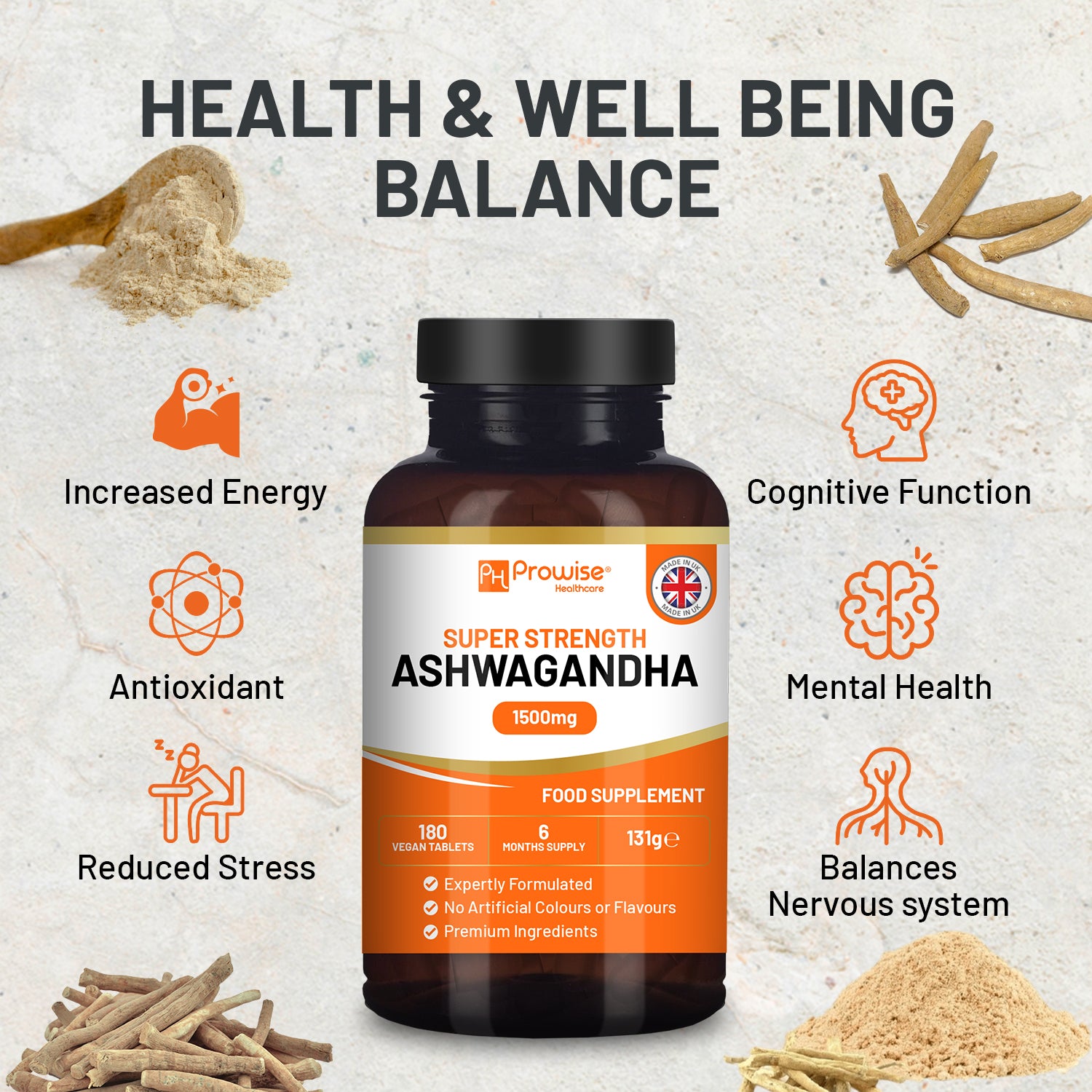 Prowise Healthcare Ashwagandha 1500mg Vegan Tablets, 180 Tablets, 6 Month Supply