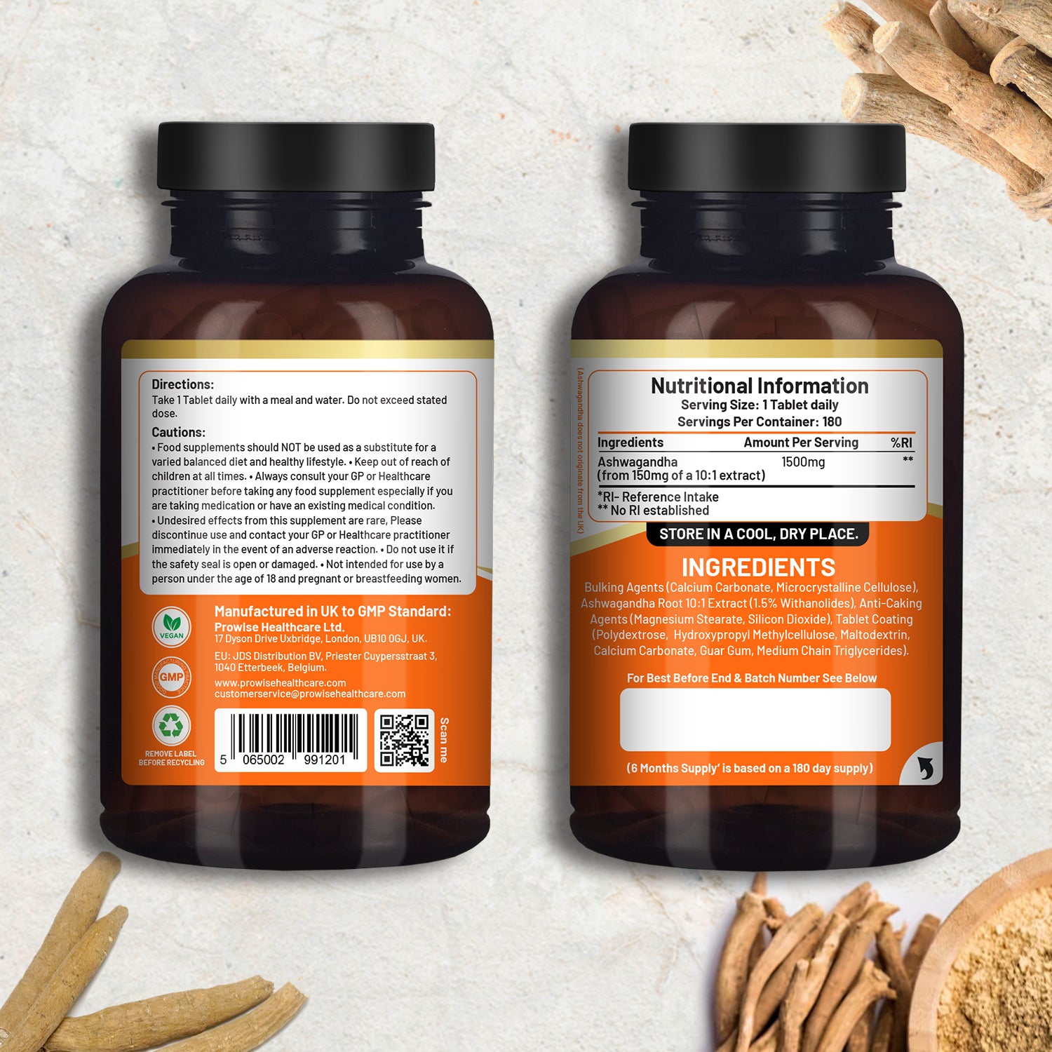 Prowise Healthcare Ashwagandha 1500mg Vegan Tablets, 180 Tablets, 6 Month Supply