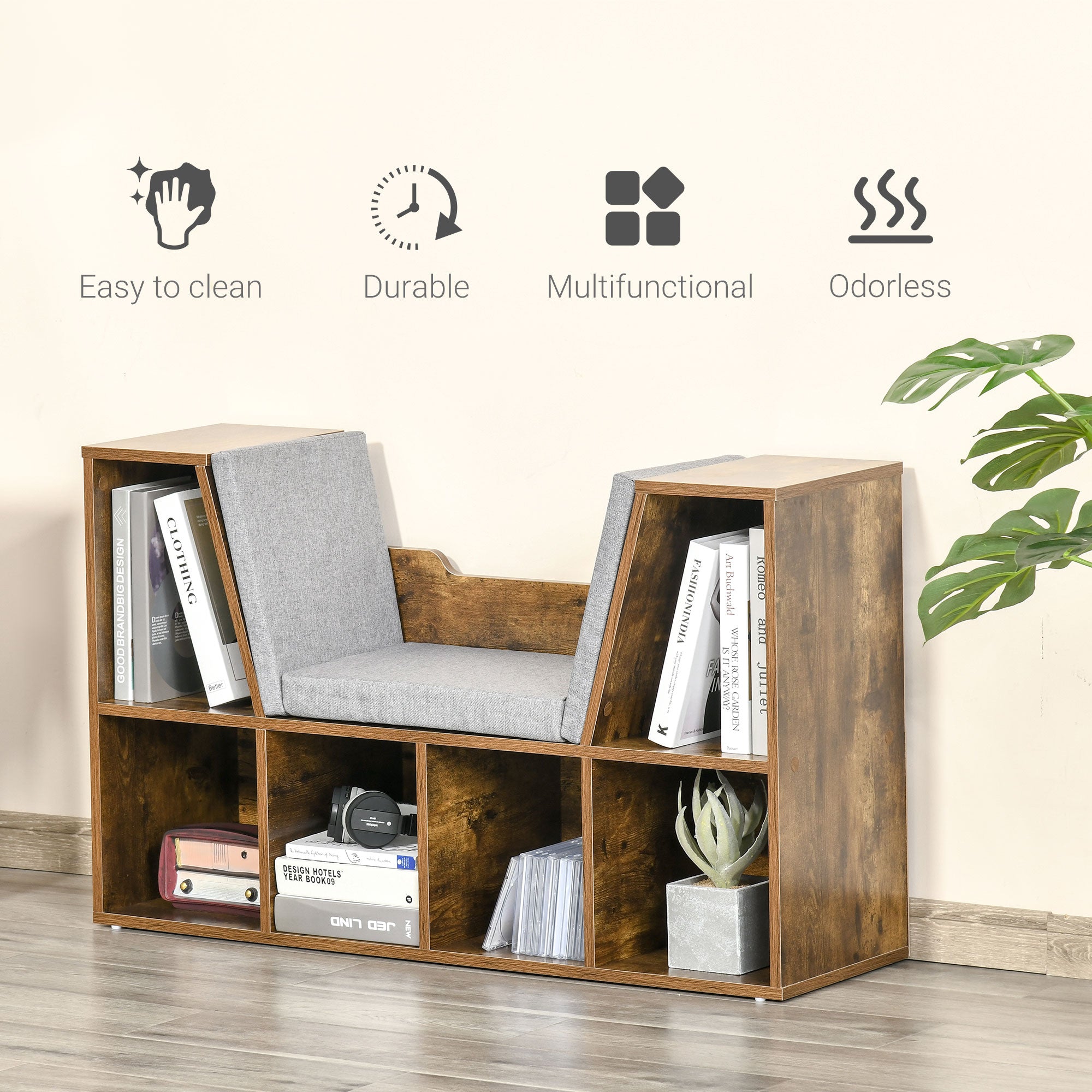 HOMCOM Kids Bookcase Storage Unit with 6 Cubbies and Padded Reading Seat, Brown