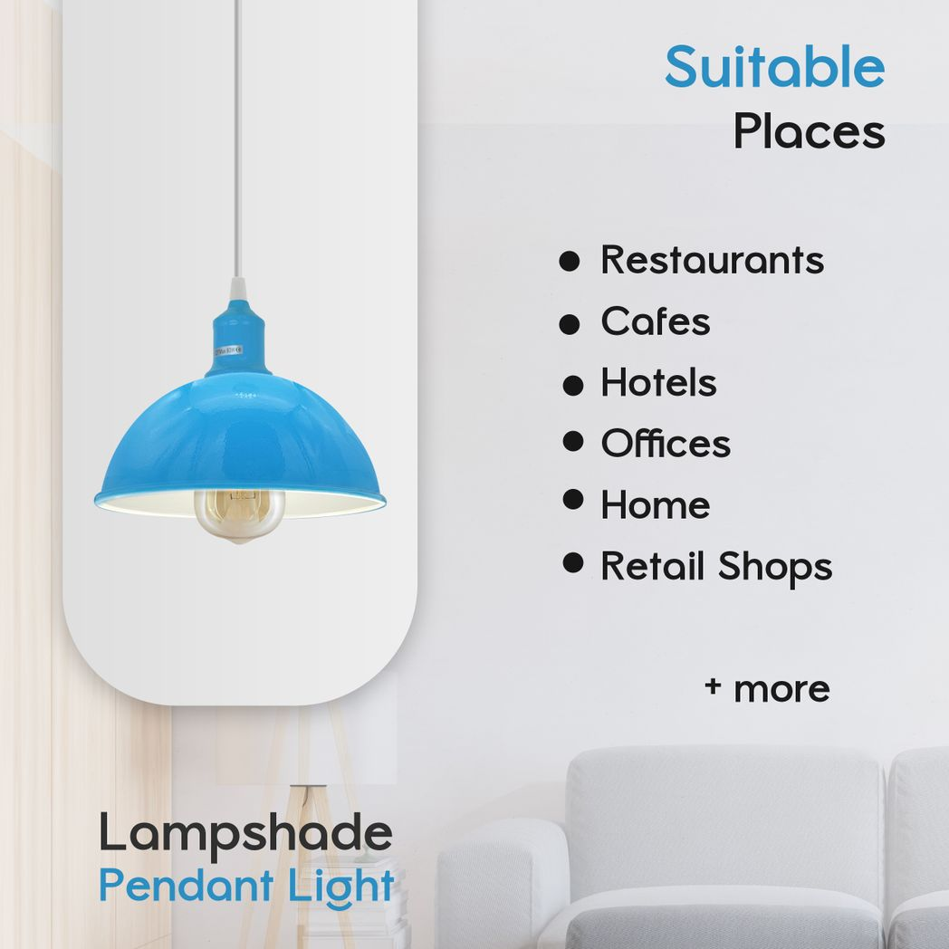 2 Pack Blue Dome Metal Pendant Lights, E27, Inner White