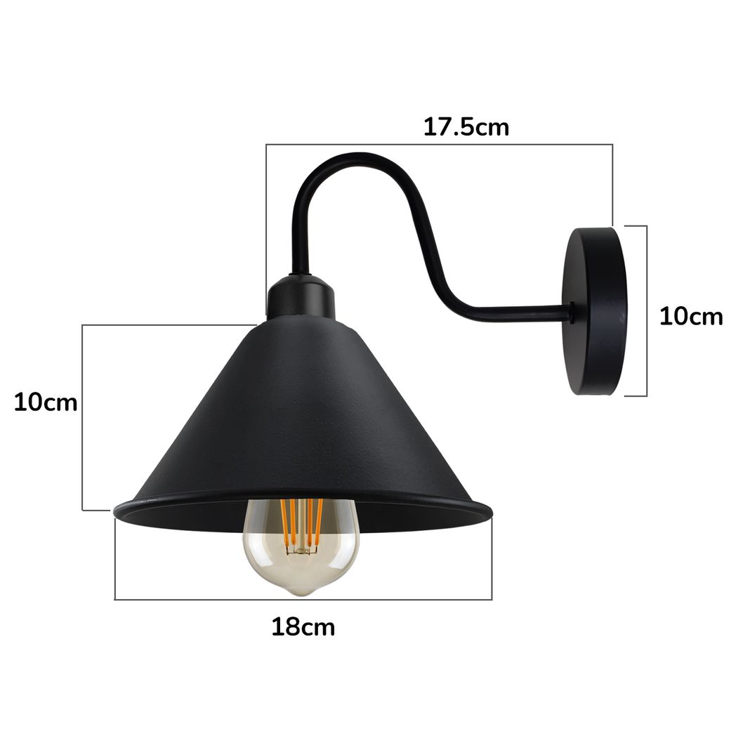 Black Vintage Wall Sconce, E27 Wall Mounted Cone Shade Swan Neck Light