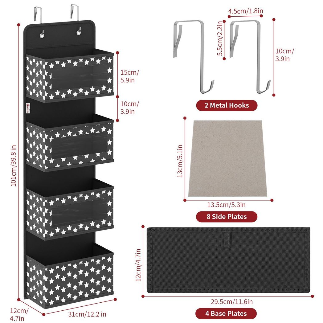 Vinsani 4 Tier Hanging Organiser with Clear Windows, Over Door Storage Organizer