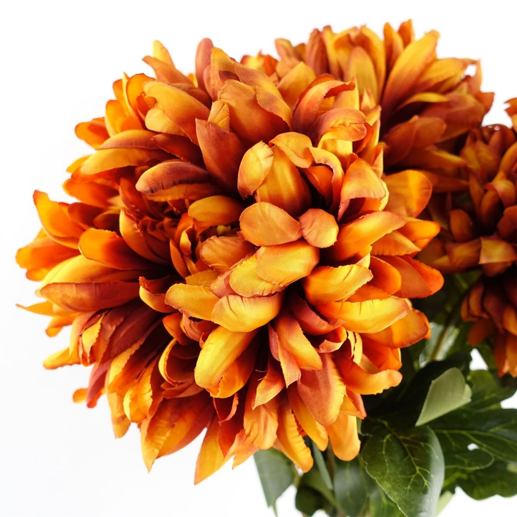 Leaf Pack of 6 Orange Extra Large Reflex Chrysanthemum Silk Flower Stems 75cm