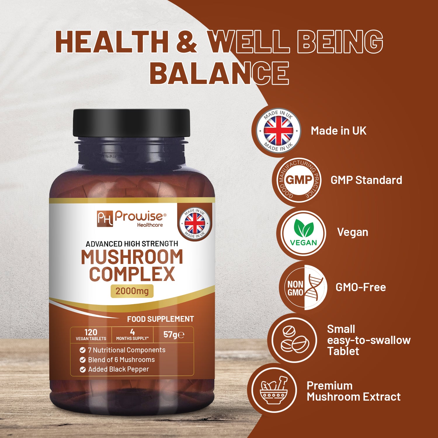 Prowise Healthcare Advanced Mushroom Complex 2000mg, 6 Mushroom Blend with Lion’s Mane, Chaga, Cordyceps, Shiitake, Reishi and Maitake, with Black Pepper, 120 Vegan Tablets, Made in UK