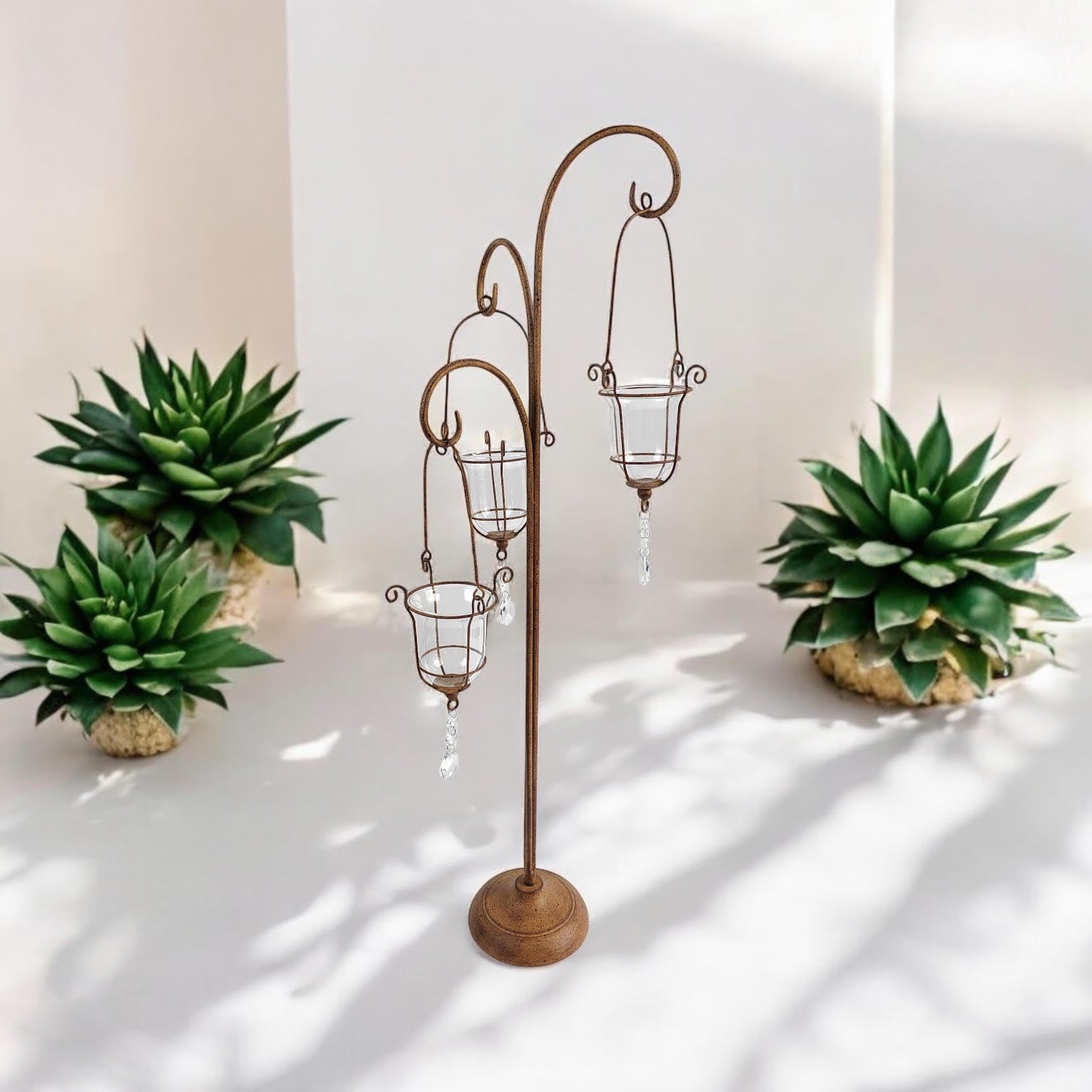 88cm Rusty Metal Candle Holder with Glass, Vintage Style