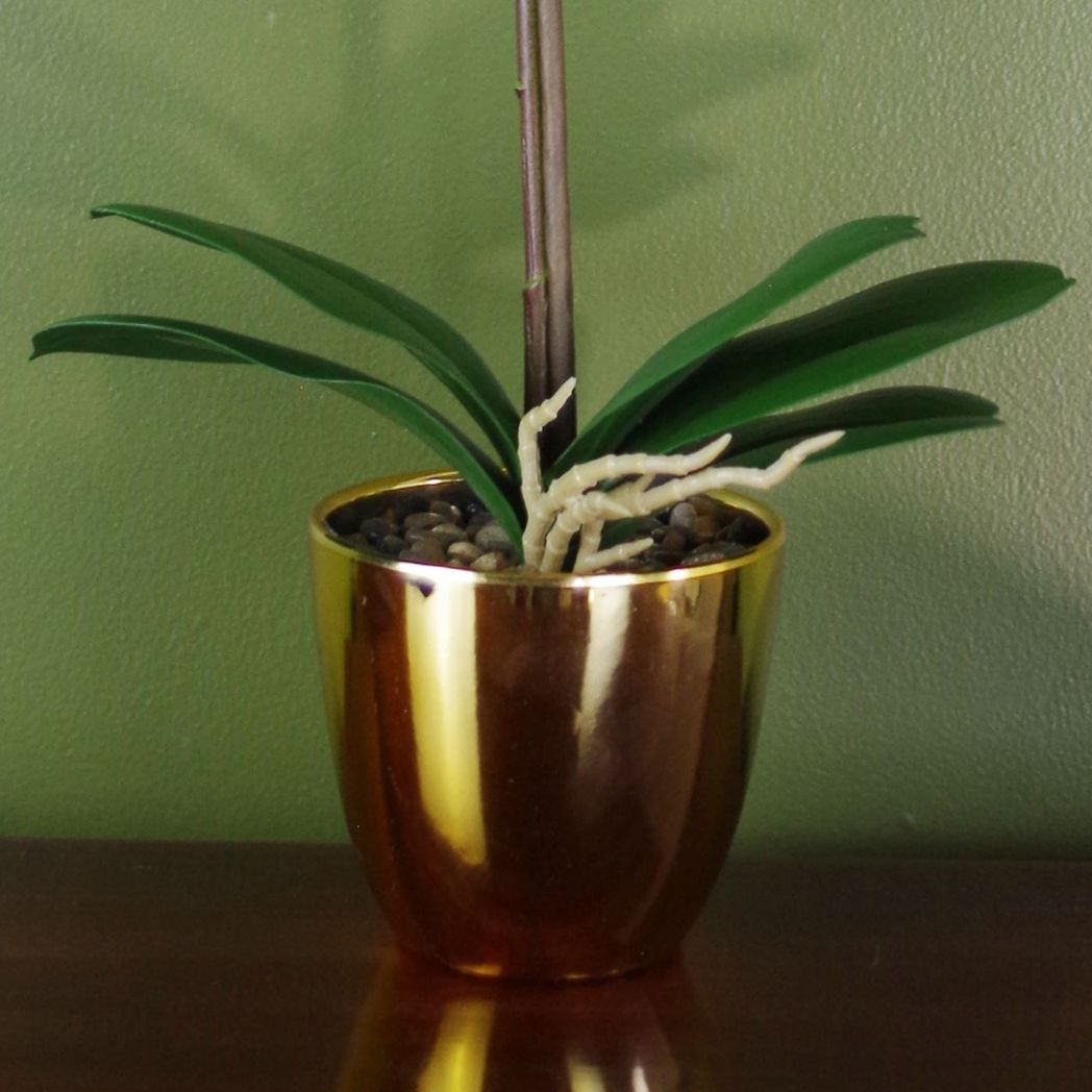 Leaf 46cm Artificial Orchid Dark Pink and Gold in Decorative Pot with Real Touch Leaves