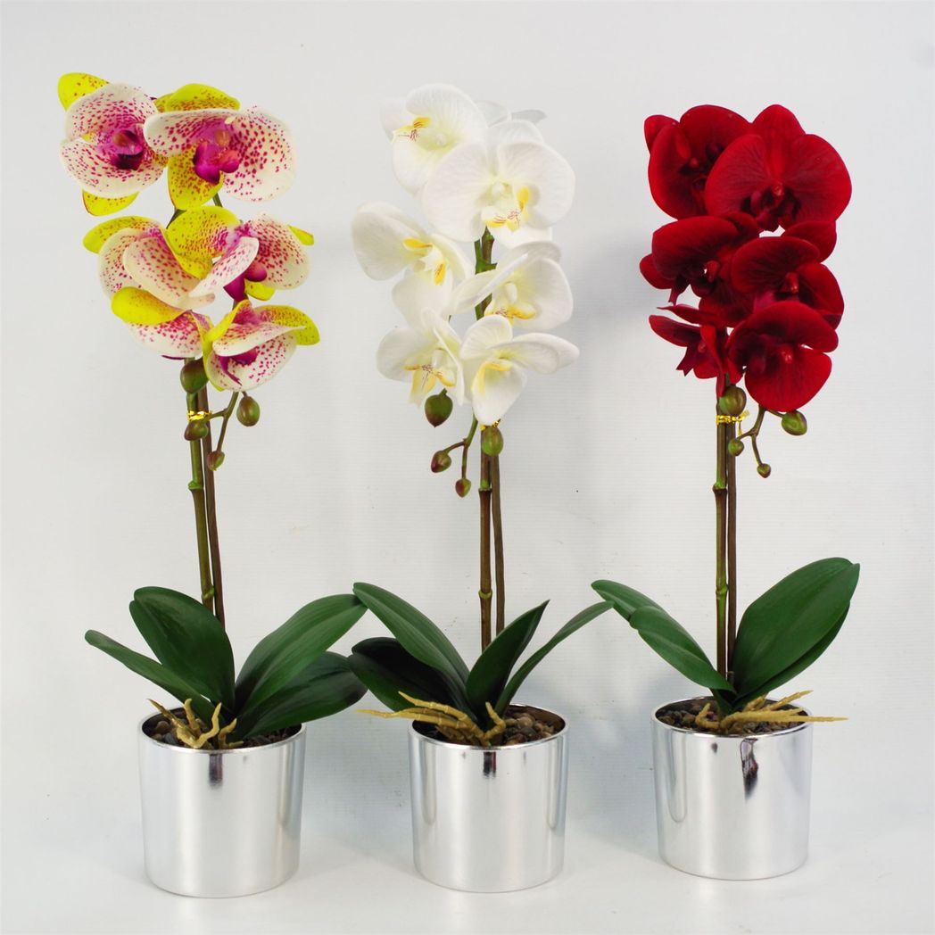 Leaf 46cm Artificial White Orchid Plant with 7 Real Touch Flowers and Plastic Decorative Pot