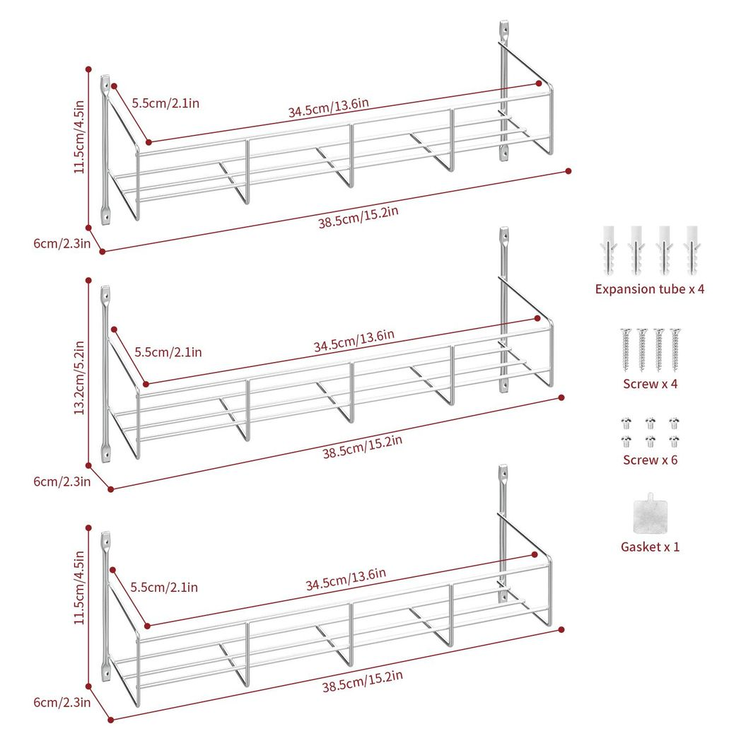 Vinsani 3 Tier Chrome Herb and Spice Rack Organiser, Wall or Cupboard Door Mount, Holds Up to 24 Spice Jars