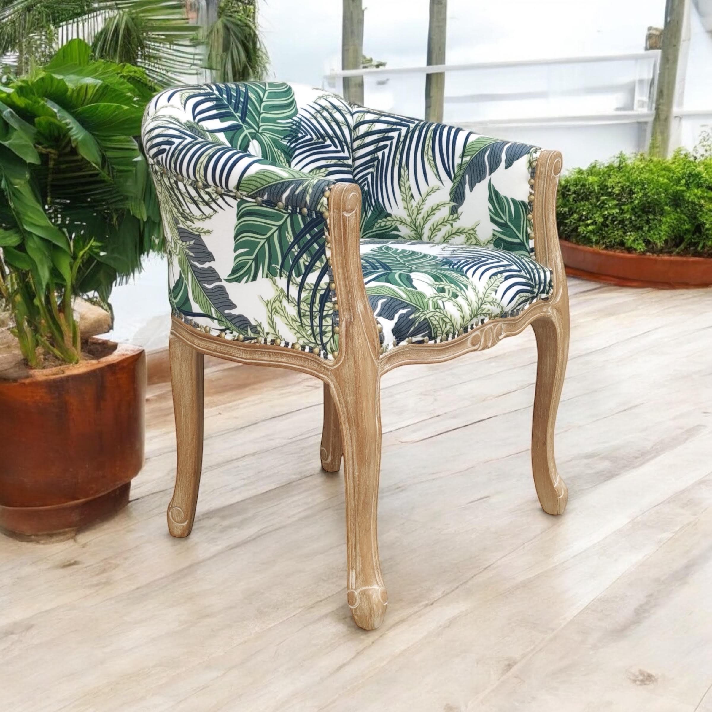 Natural Linen Upholstered Louis Chair with Stud Details