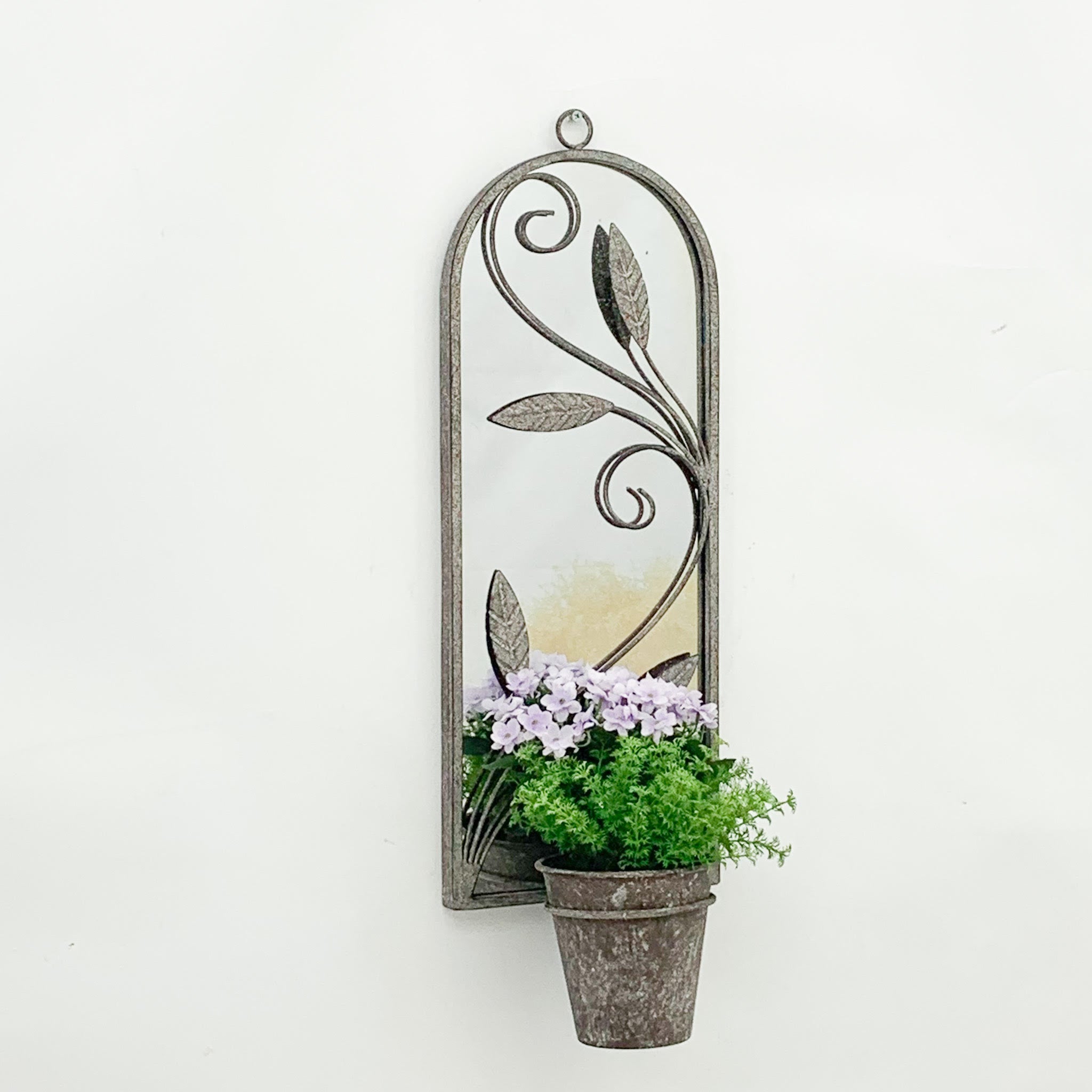 64cm Wall Mirror with Single Planter Holder and Pot, Antique Finish Distressed Metal