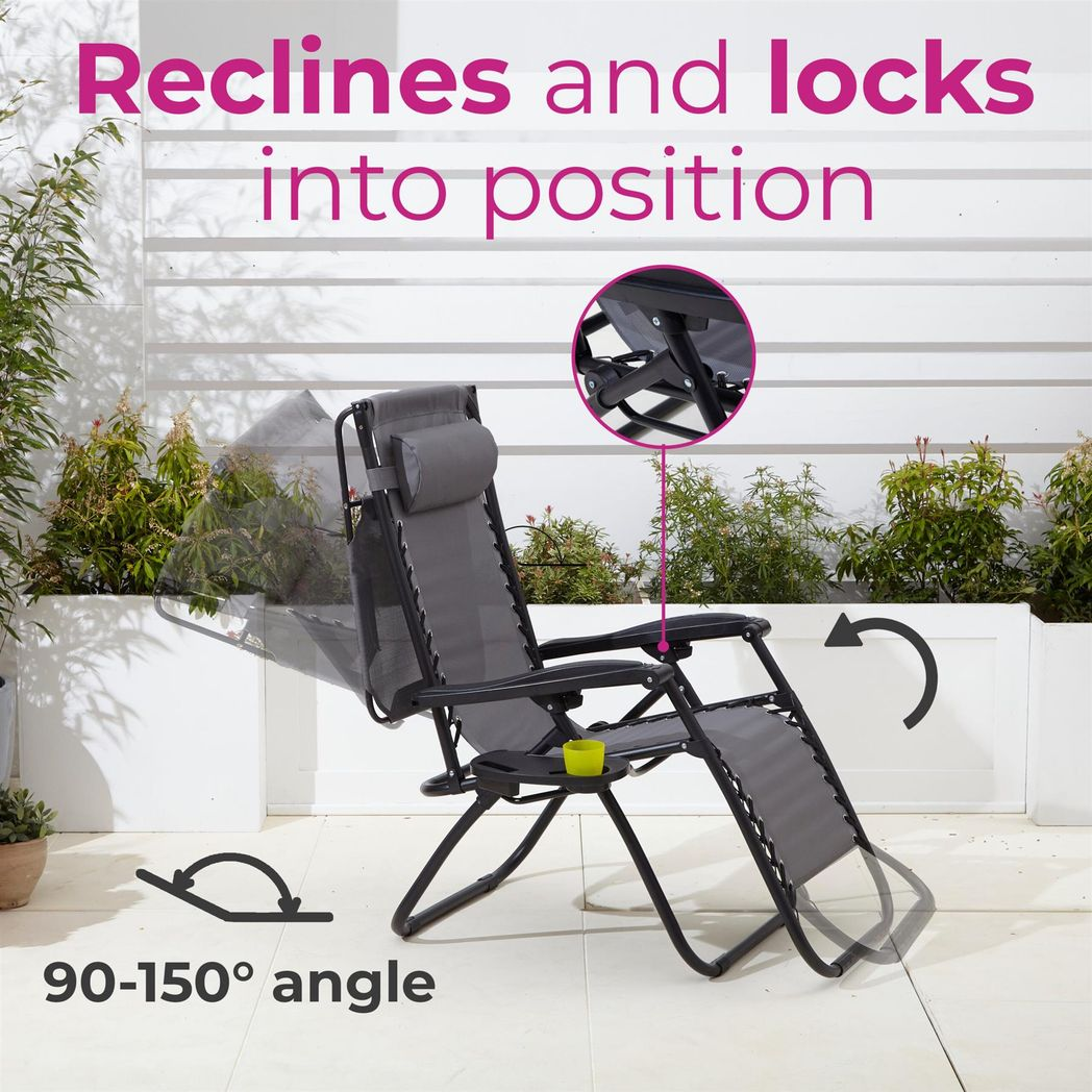 Neo Black Folding Zero Gravity Garden Chair and Table Set with 2 Reclining Chairs and Side Table