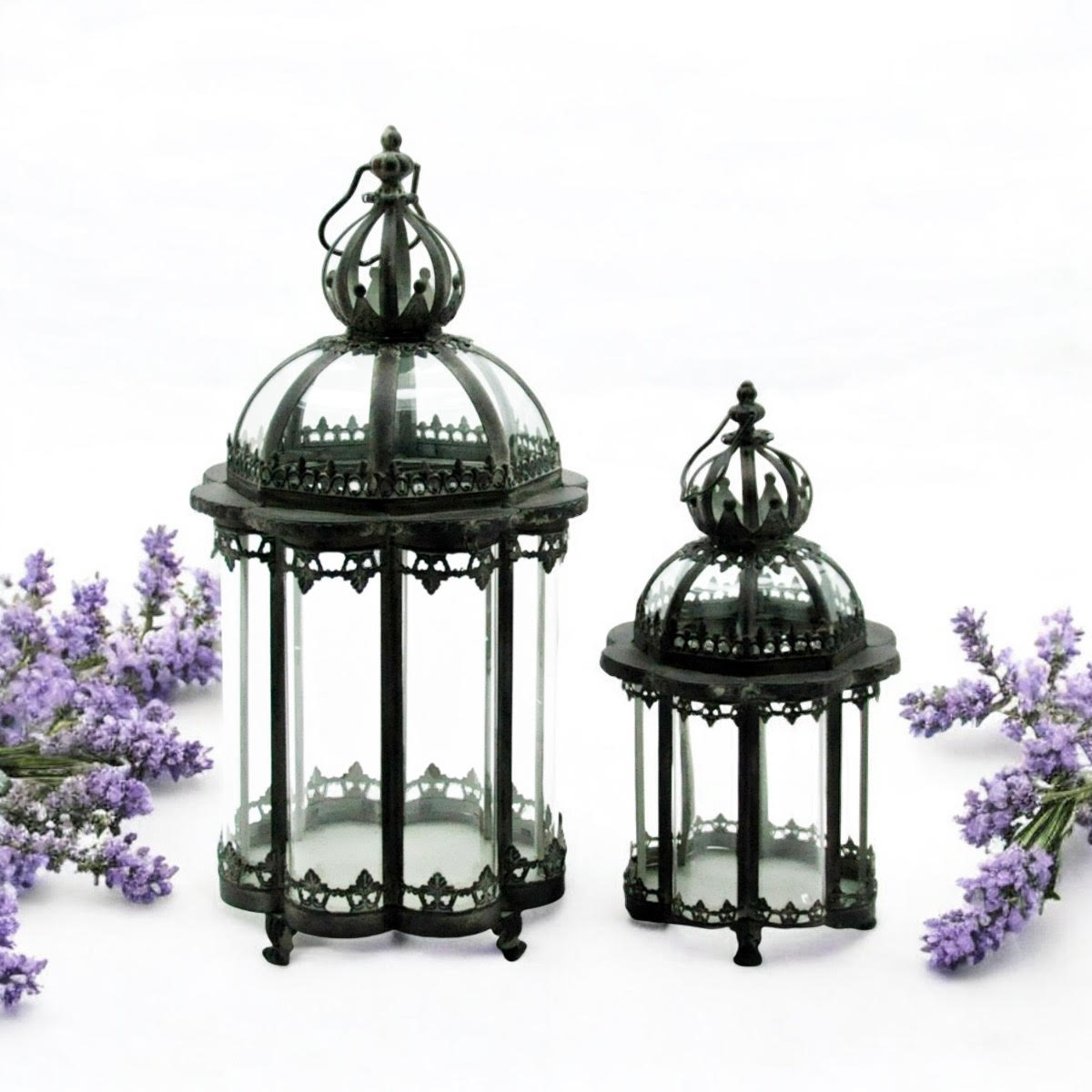 Set of 2 Hand-Finished Green Metal Garden Lanterns 65/45CM