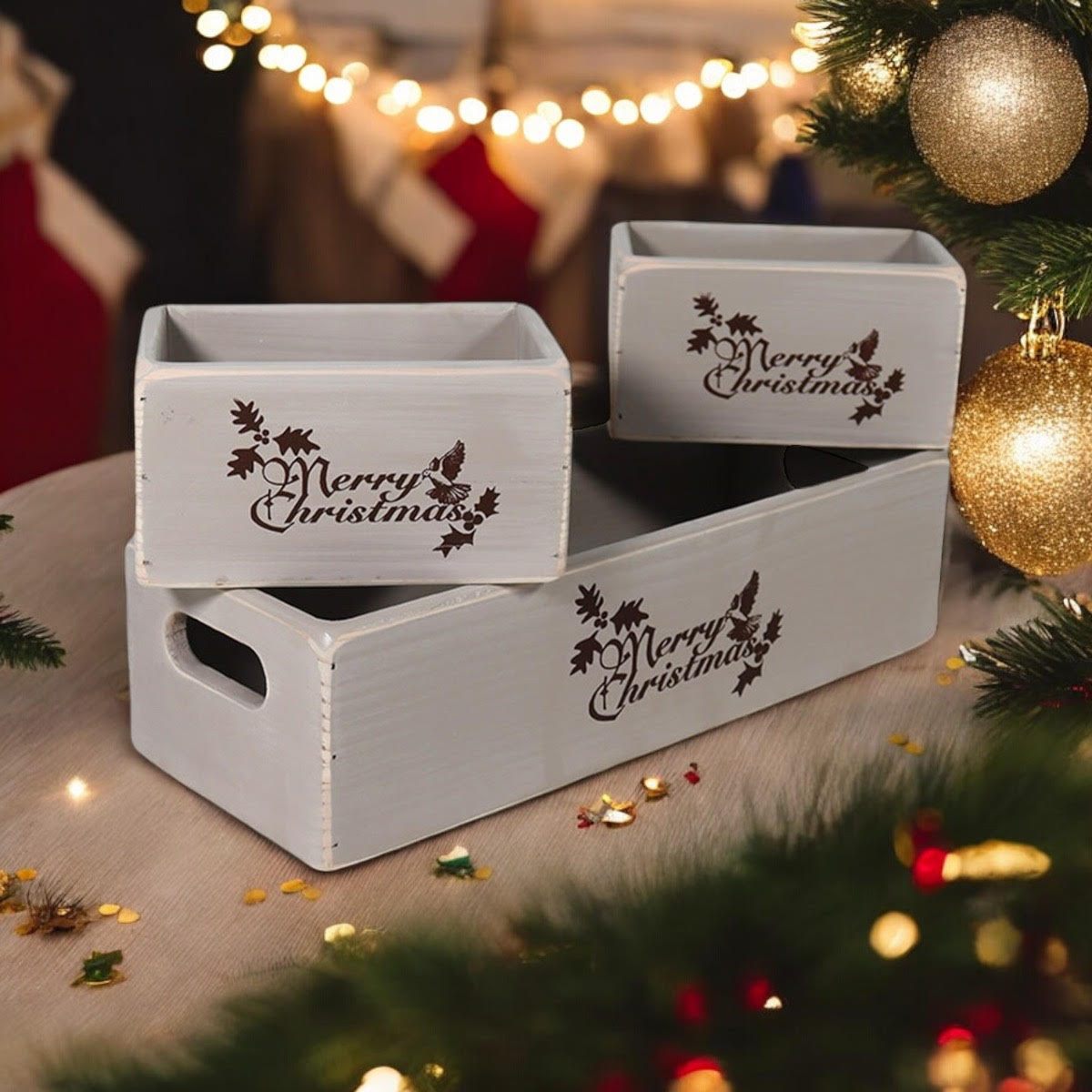 MSL Set of 3 Rustic Grey Wooden Christmas Boxes